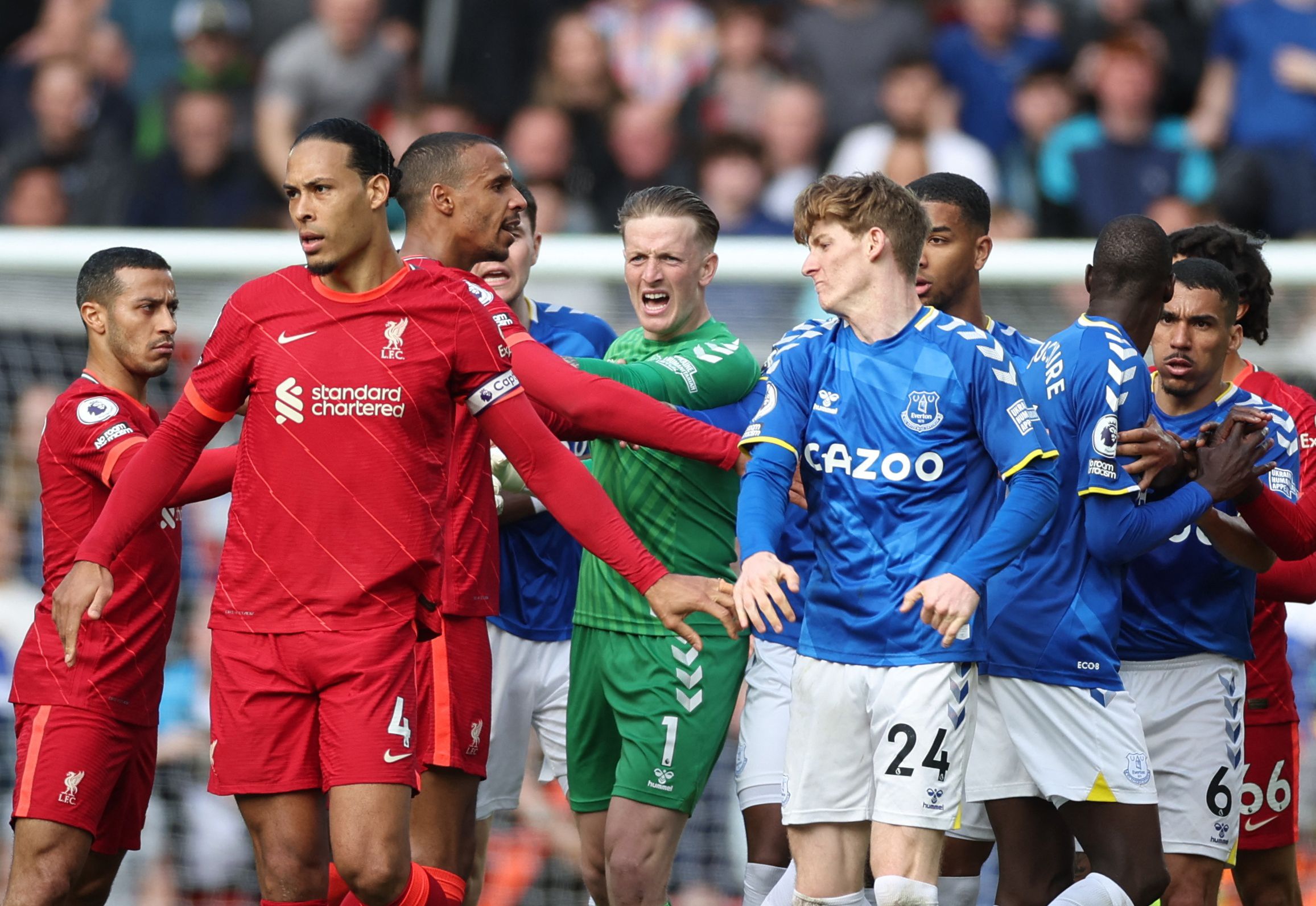 Soccer Football - Premier League - Liverpool v Everton - Anfield, Liverpool, Britain - April 24, 2022  Liverpool's Joel Matip clashes with Everton's Anthony Gordon as Liverpool's Virgil van Dijk and Everton's Jordan Pickford intervene REUTERS/Phil Noble EDITORIAL USE ONLY. No use with unauthorized audio, video, data, fixture lists, club/league logos or 'live' services. Online in-match use limited to 75 images, no video emulation. No use in betting, games or single club /league/player publication