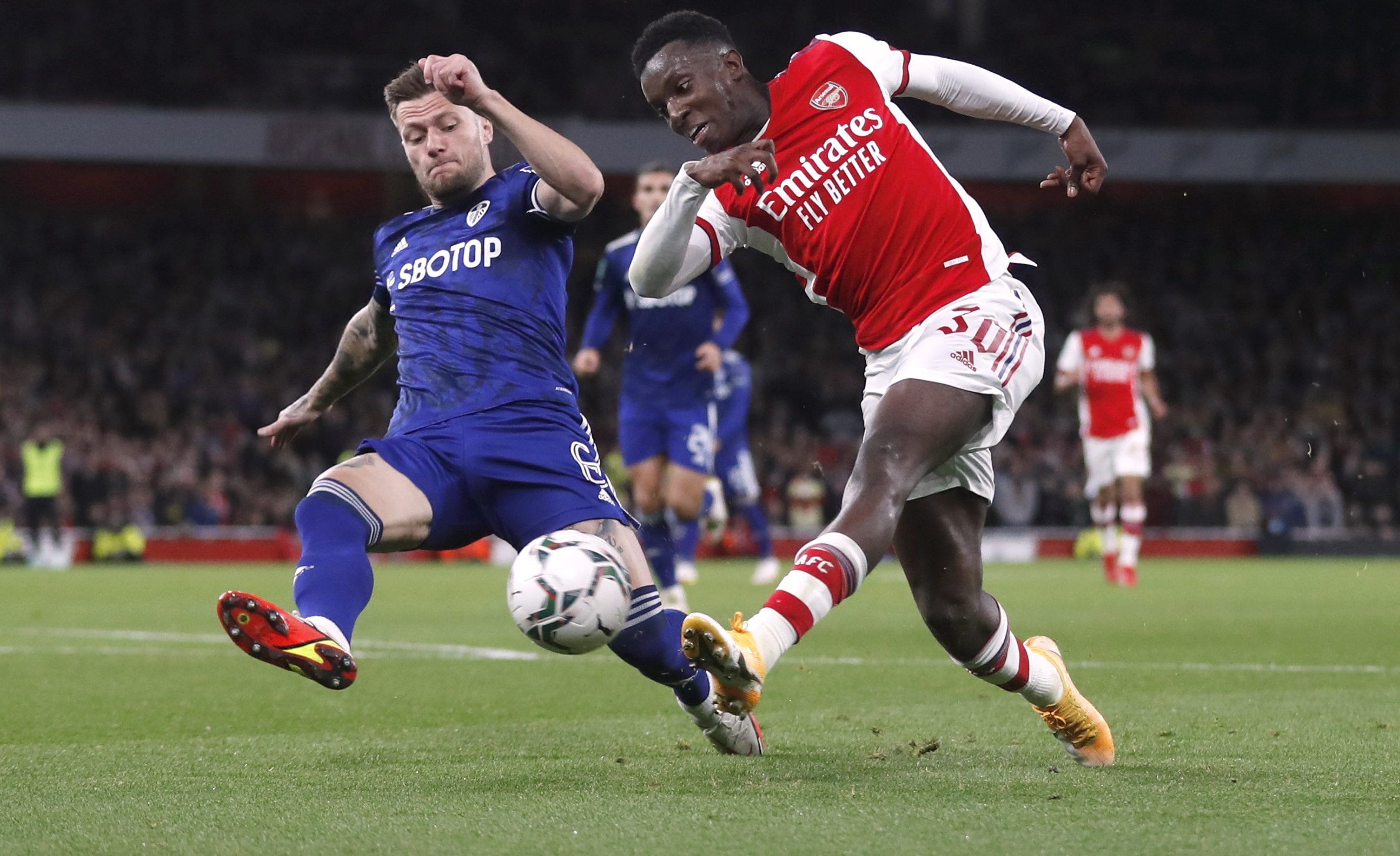 Soccer Football - Carabao Cup - Round of 16 - Arsenal v Leeds United - Emirates Stadium, London, Britain - October 26, 2021 Arsenal's Eddie Nketiah shoots at goal Action Images via Reuters/Matthew Childs EDITORIAL USE ONLY. No use with unauthorized audio, video, data, fixture lists, club/league logos or 'live' services. Online in-match use limited to 75 images, no video emulation. No use in betting, games or single club /league/player publications.  Please contact your account representative for