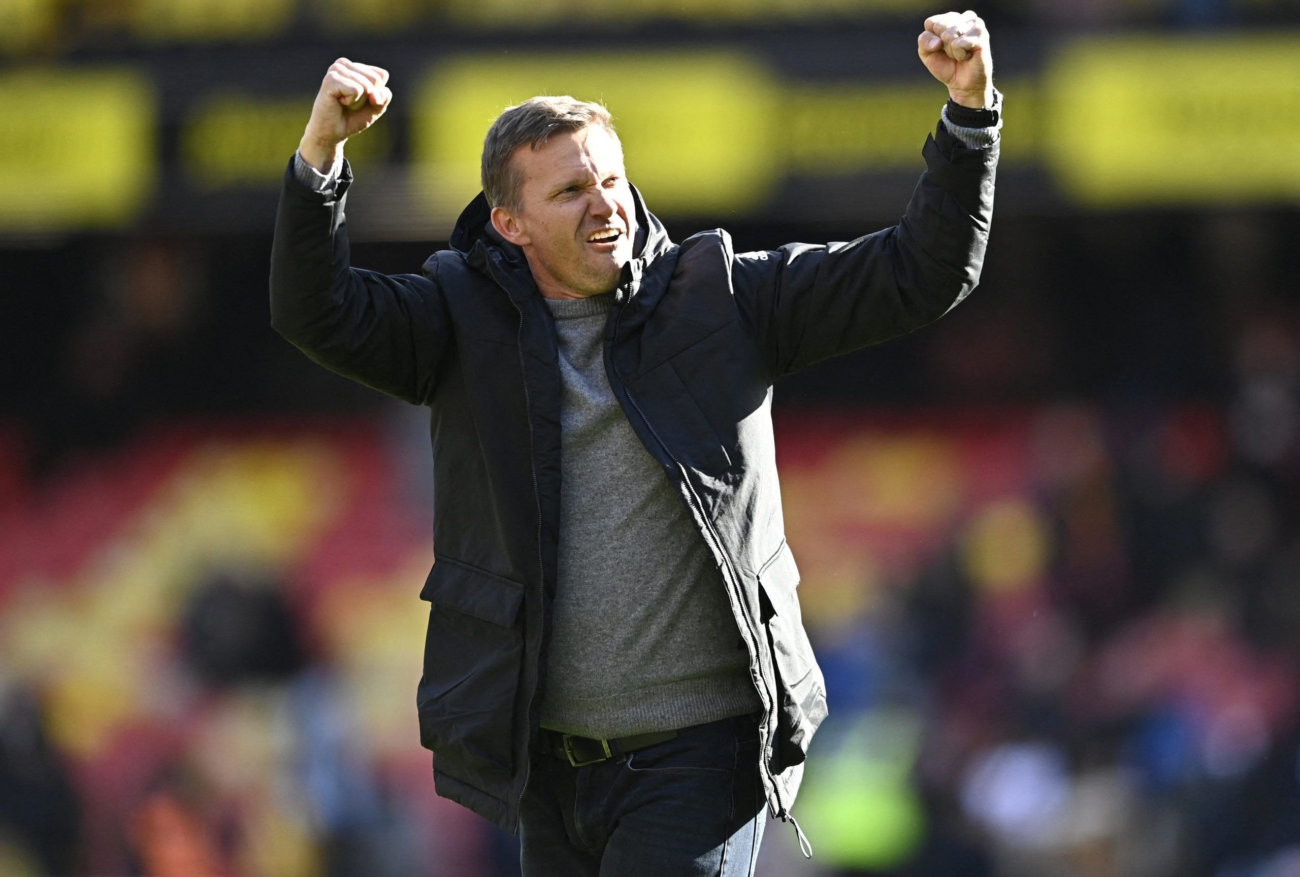 Soccer Football - Premier League - Watford v Leeds United - Vicarage Road, Watford, Britain - April 9, 2022 Leeds United manager Jesse Marsch celebrates after the match REUTERS/Tony Obrien EDITORIAL USE ONLY. No use with unauthorized audio, video, data, fixture lists, club/league logos or 'live' services. Online in-match use limited to 75 images, no video emulation. No use in betting, games or single club /league/player publications.  Please contact your account representative for further detail