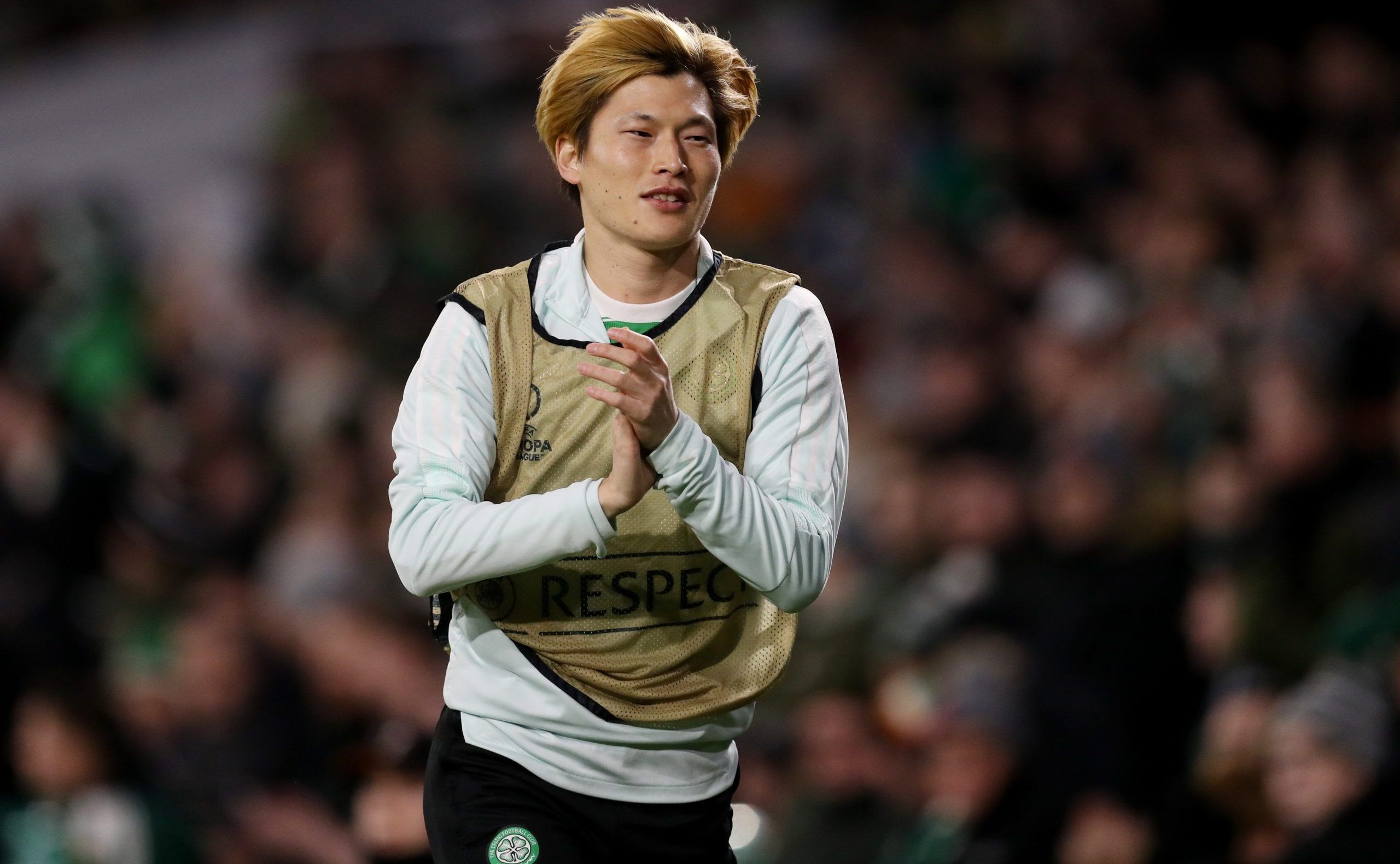 Soccer Football - Europa League - Group G - Celtic v Real Betis - Celtic Park, Glasgow, Scotland, Britain - December 9, 2021 Celtic's Kyogo Furuhashi warms up as a substitute during the match REUTERS/Russell Cheyne