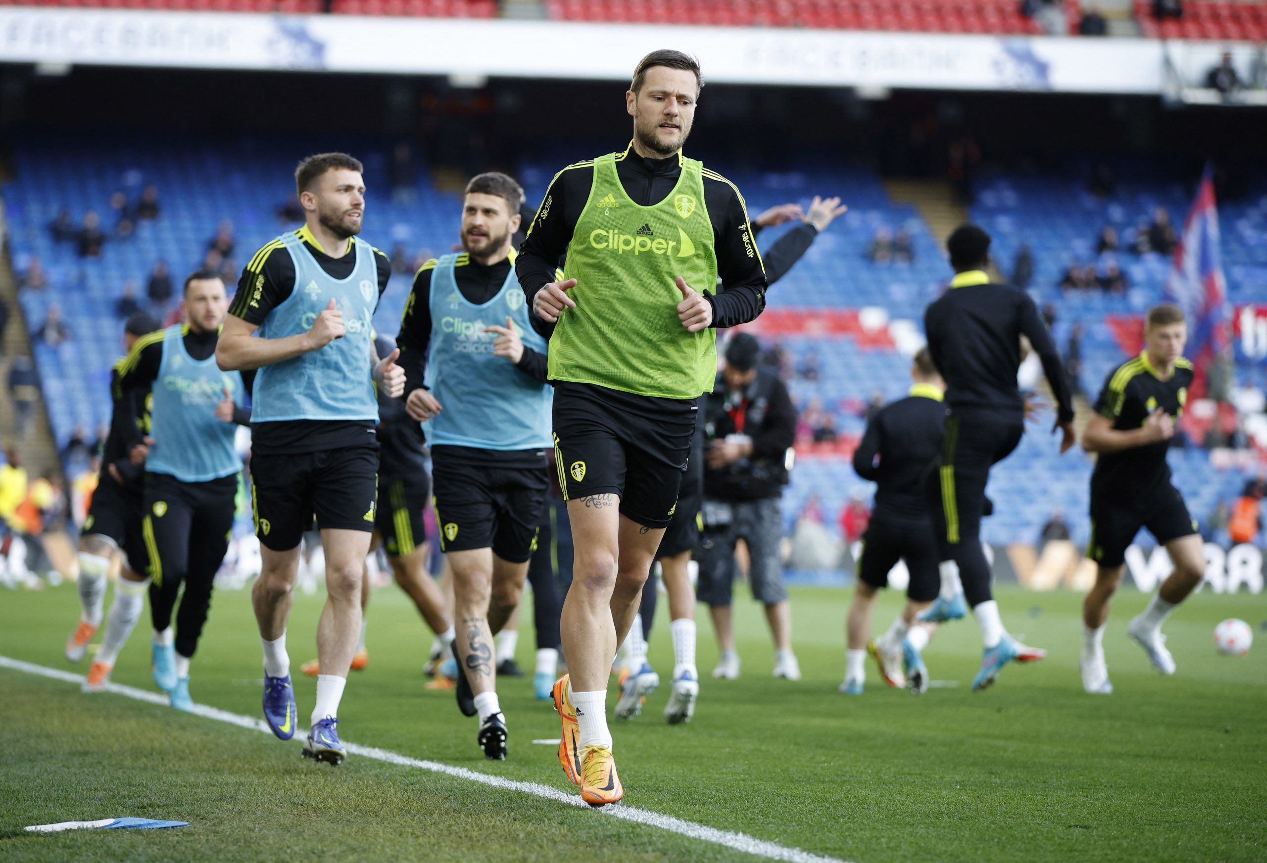 Leeds United defender Liam Cooper during warm up before Crystal Palace