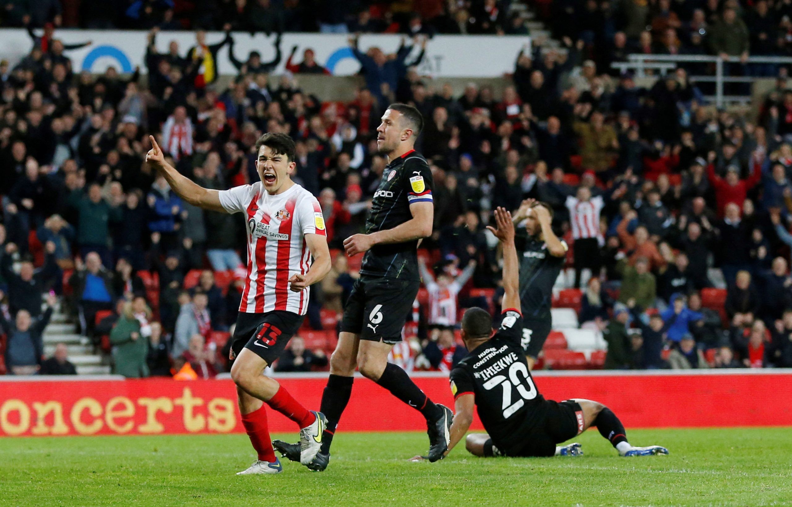 Soccer Football - League One - Sunderland v Rotherham United - Stadium of Light, Sunderland, Britain - April 26, 2022 Sunderland's Luke O'Nien reacts after Rotherham United's Michael Ihiekwe scores an own goal  Action Images/Ed Sykes  EDITORIAL USE ONLY. No use with unauthorized audio, video, data, fixture lists, club/league logos or 