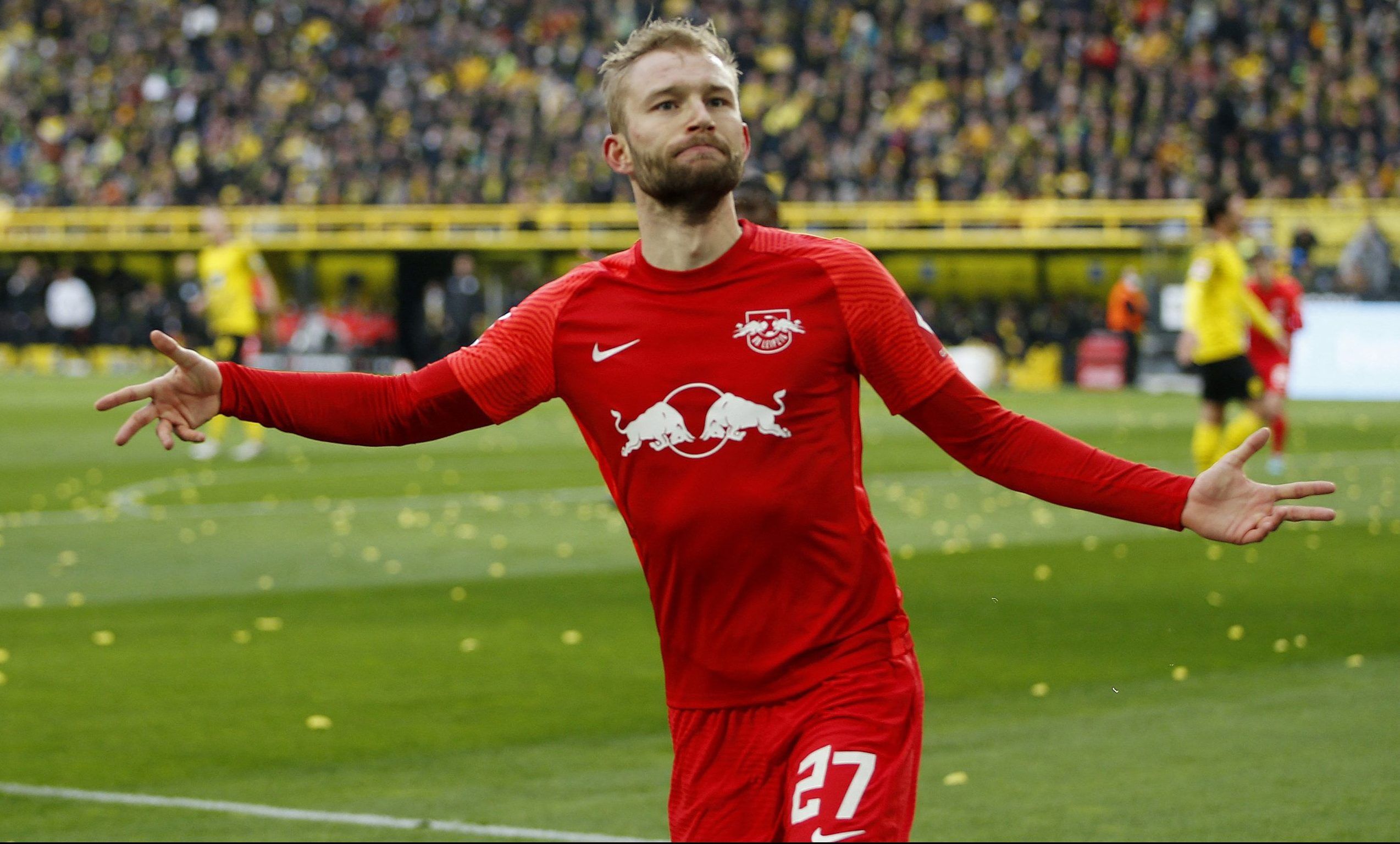 RB Leipzig's Konrad Laimer celebrates goal against Dortmund