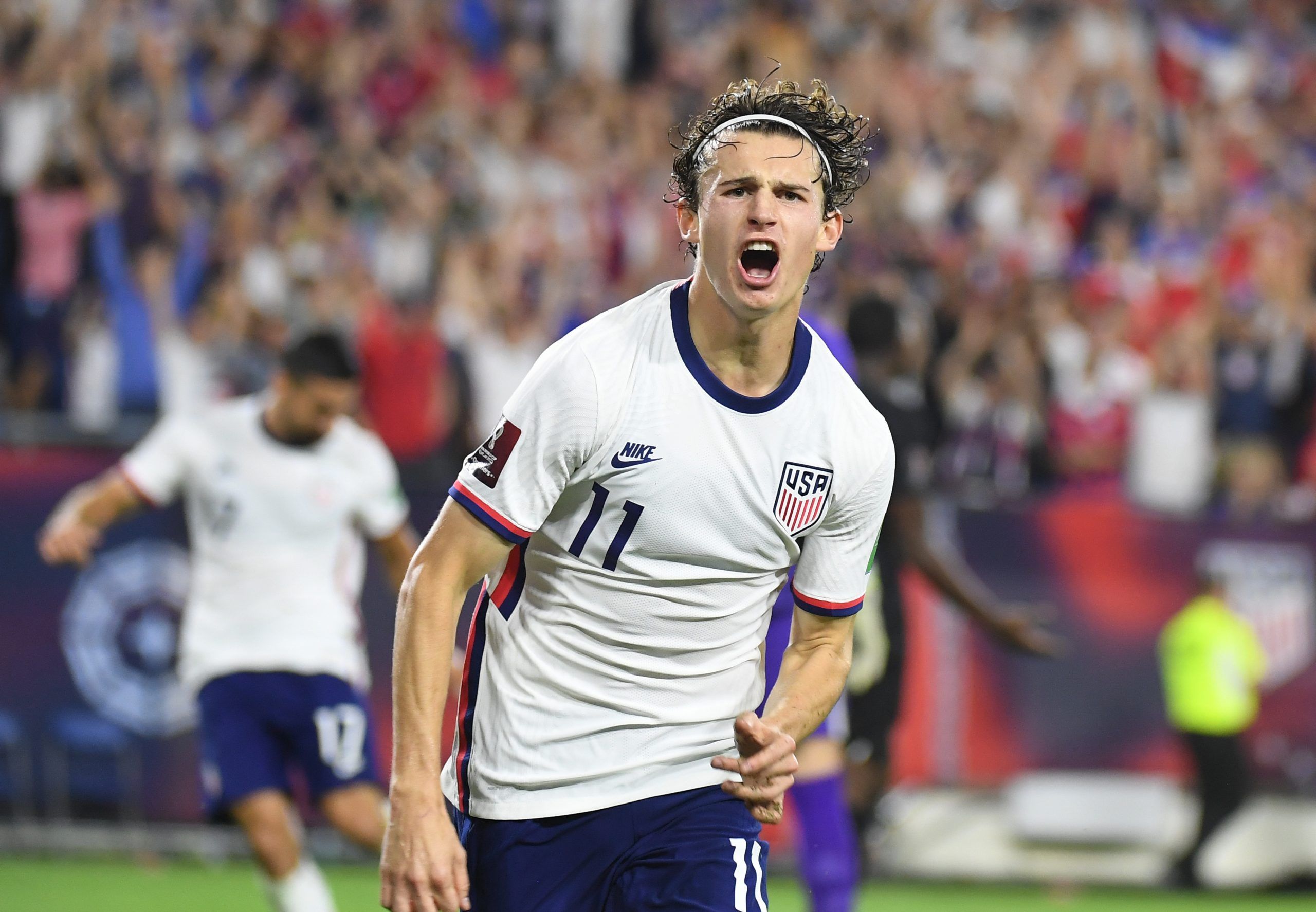 Sep 5, 2021; Nashville, Tennessee, USA; United States midfielder Brenden Aaronson (11) celebrates after scoring a goal in the second half against Canada during a CONCACAF FIFA World Cup Qualifier soccer match at Nissan Stadium. Mandatory Credit: Christopher Hanewinckel-USA TODAY Sports