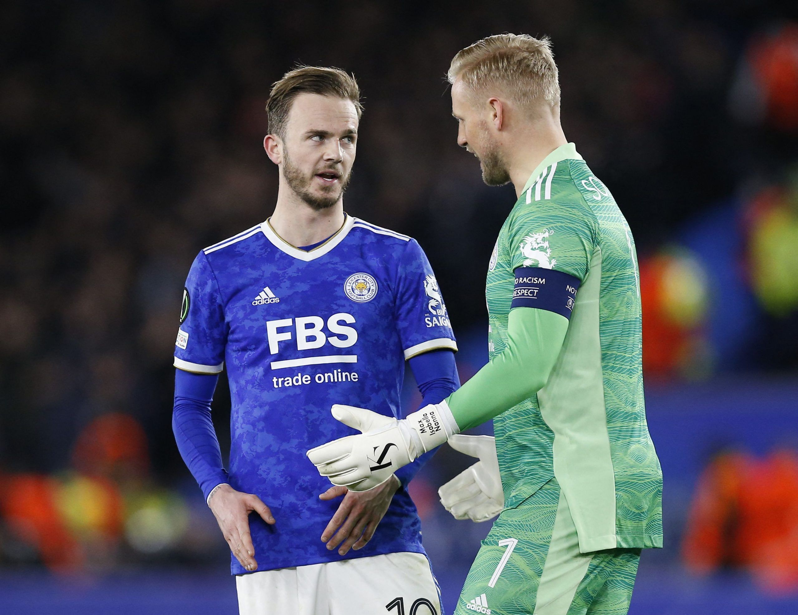 Soccer Football - Europa League - Quarter Final - First Leg - Leicester City v PSV Eindhoven - King Power Stadium, Leicester, Britain - April 7, 2022  Leicester City's James Maddison and Kasper Schmeichel fans after the match REUTERS/Craig Brough