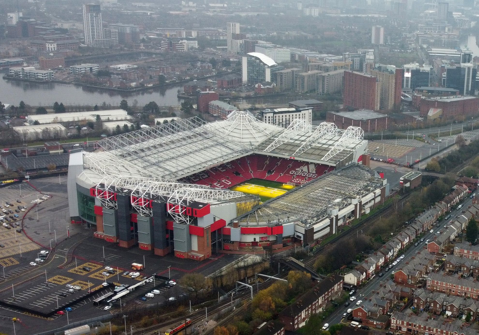 Soccer Football - General view of Old Trafford after Manchester United's Premier League match against Brentford at the Brentford Community Stadium was postponed due to a number of positive coronavirus (COVID-19) tests among players and staff, Manchester, Britain - December 14, 2021. Picture taken with a drone. Action Images via Reuters/Jason Cairnduff