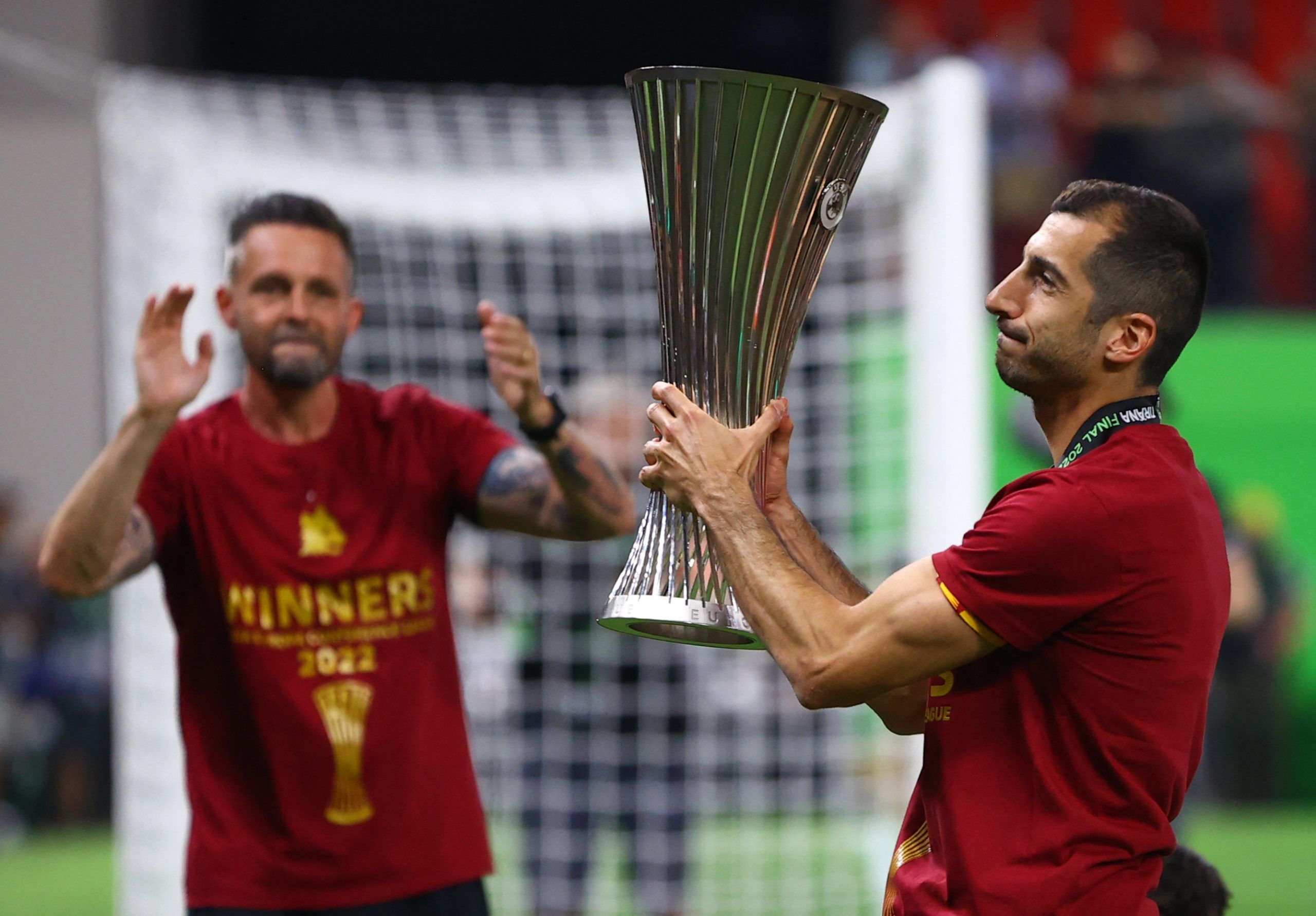 Soccer Football - Europa Conference League - Final - AS Roma v Feyenoord - Arena Kombetare, Tirana, Albania - May 25, 2022  AS Roma's Henrikh Mkhitaryan celebrates with the trophy after winning the Europa Conference League REUTERS/Florion Goga
