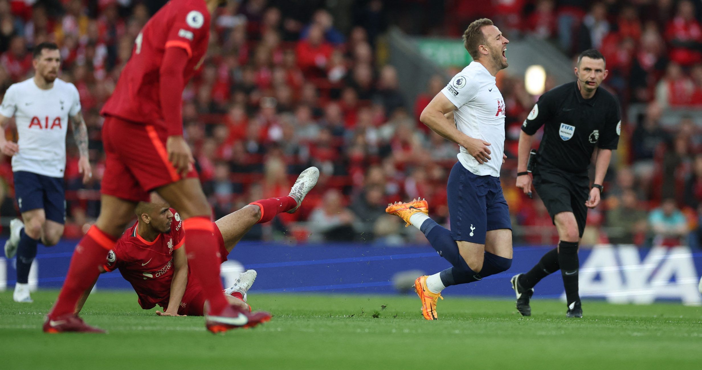 Liverpool midfielder Fabinho fouls Spurs striker Harry Kane