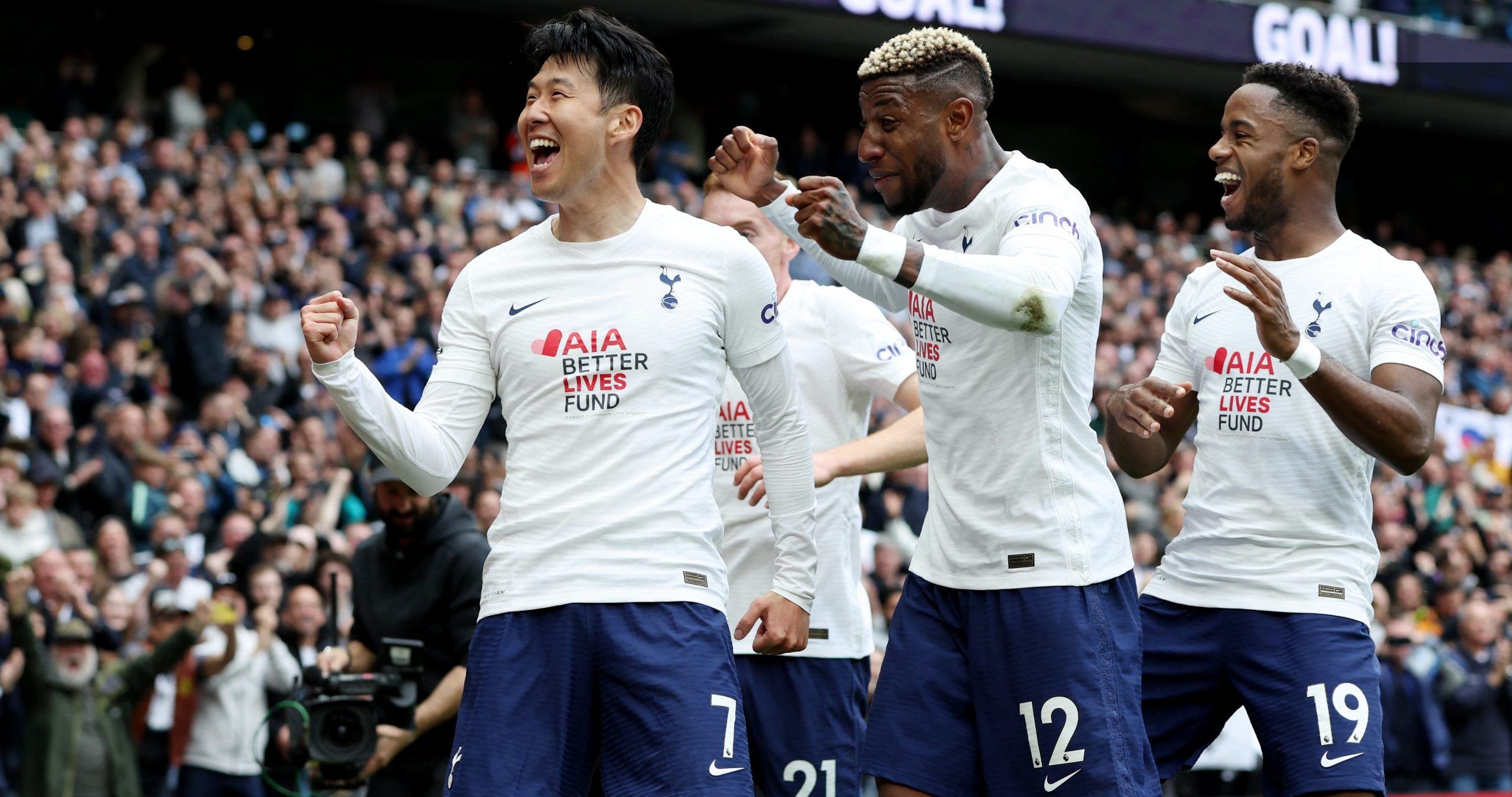 Soccer Football - Premier League - Tottenham Hotspur v Leicester City - Tottenham Hotspur Stadium, London, Britain - May 1, 2022 Tottenham Hotspur's Son Heung-min celebrates scoring their third goal with Emerson Royal and Ryan Sessegnon Action Images via Reuters/Paul Childs EDITORIAL USE ONLY. No use with unauthorized audio, video, data, fixture lists, club/league logos or 'live' services. Online in-match use limited to 75 images, no video emulation. No use in betting, games or single club /leag