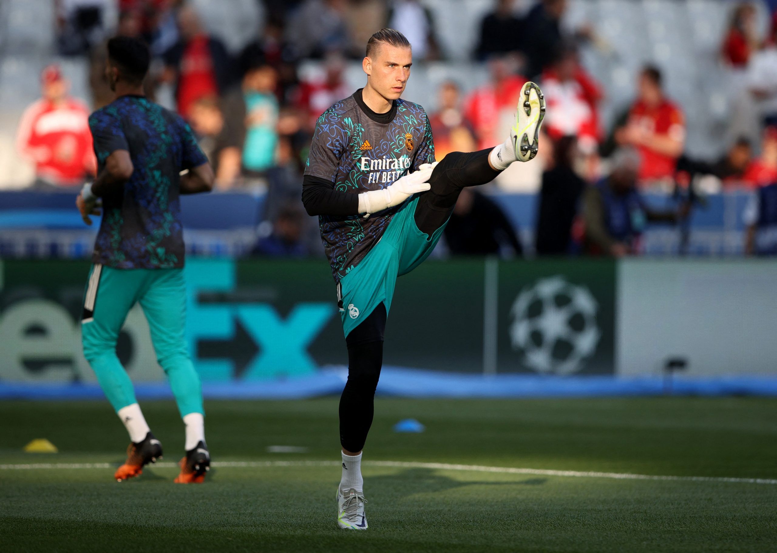 Soccer Football - Champions League Final - Liverpool v Real Madrid - Stade de France, Saint-Denis near Paris, France - May 28, 2022 Real Madrid's Andriy Lunin during the warm up before the match REUTERS/Molly Darlington