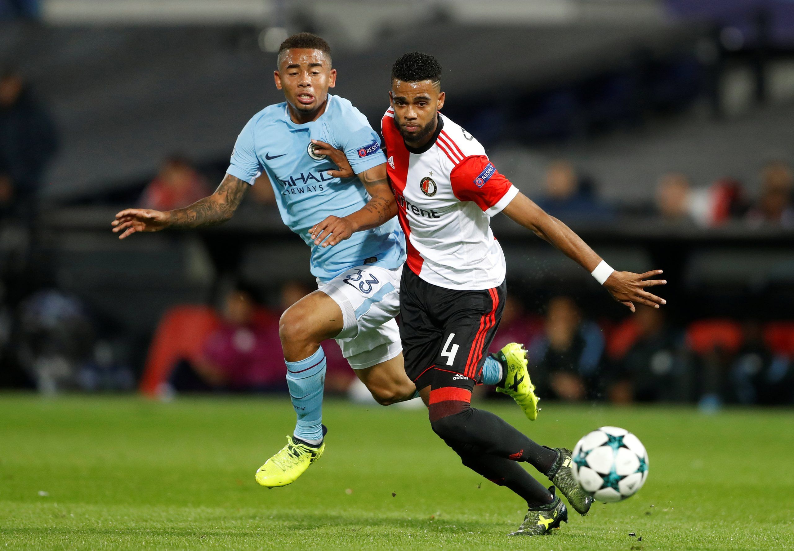 Soccer Football - Champions League - Feyenoord vs Manchester City - De Kuip, Rotterdam, Netherlands - September 13, 2017   Manchester City's Gabriel Jesus in action with Feyenoord's Jeremiah St. Juste    Action Images via Reuters/Carl Recine