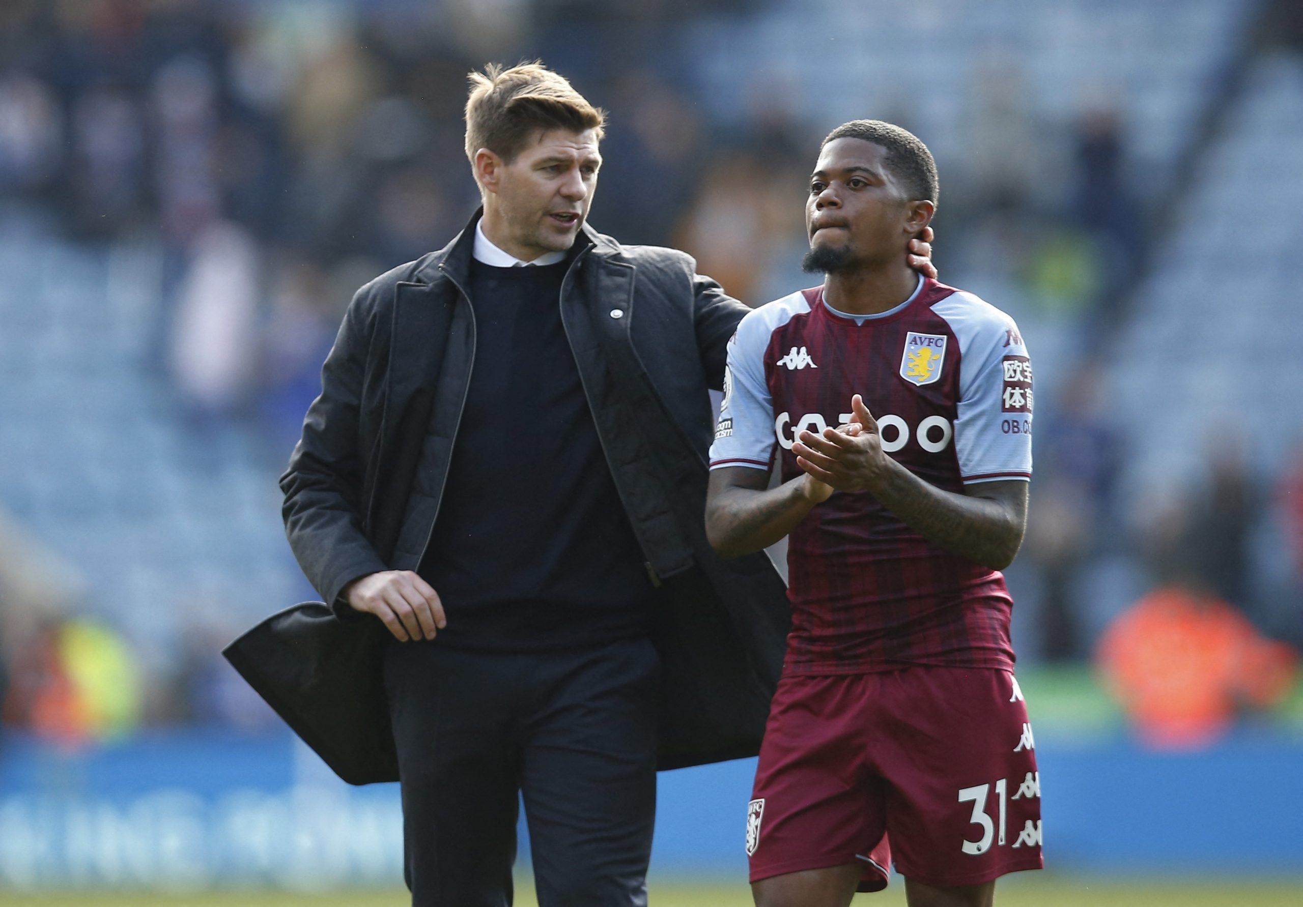 Soccer Football - Premier League - Leicester City v Aston Villa - King Power Stadium, Leicester, Britain - April 23, 2022 Aston Villa manager Steven Gerrard with Leon Bailey after the match REUTERS/Craig Brough EDITORIAL USE ONLY. No use with unauthorized audio, video, data, fixture lists, club/league logos or 'live' services. Online in-match use limited to 75 images, no video emulation. No use in betting, games or single club /league/player publications.  Please contact your account representat