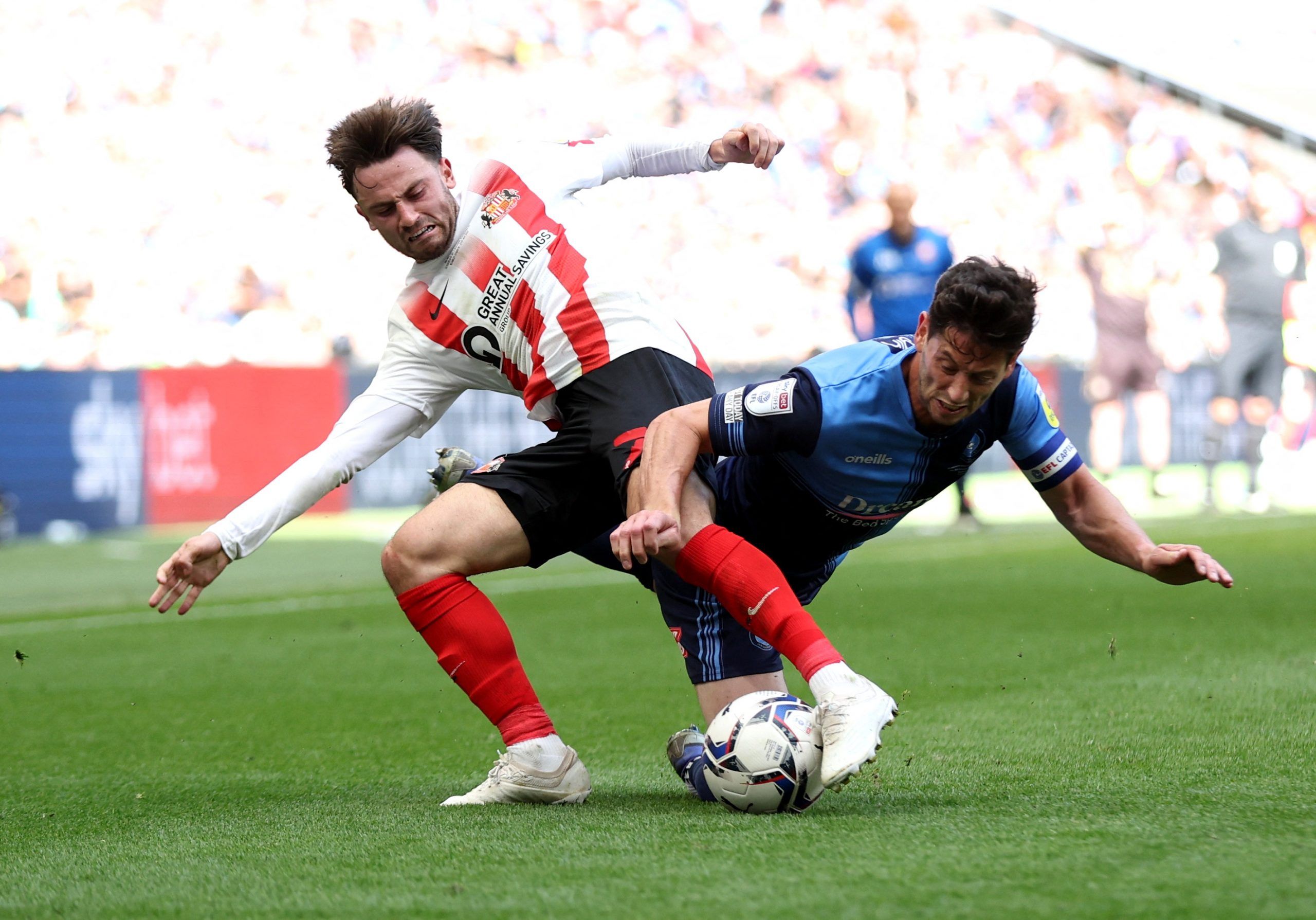 patrick-roberts-sunderland-alex-neil-league-one-championship-wycombe-Soccer Football - League One Play-Off Final - Sunderland v Wycombe Wanderers - Wembley Stadium, London, Britain - May 21, 2022  Sunderland's Patrick Roberts in action with Wycombe Wanderers' Joe Jacobson Action Images/Matthew Childs EDITORIAL USE ONLY. No use with unauthorized audio, video, data, fixture lists, club/league logos or 'live' services. Online in-match use limited to 75 images, no video emulation. No use in betting,