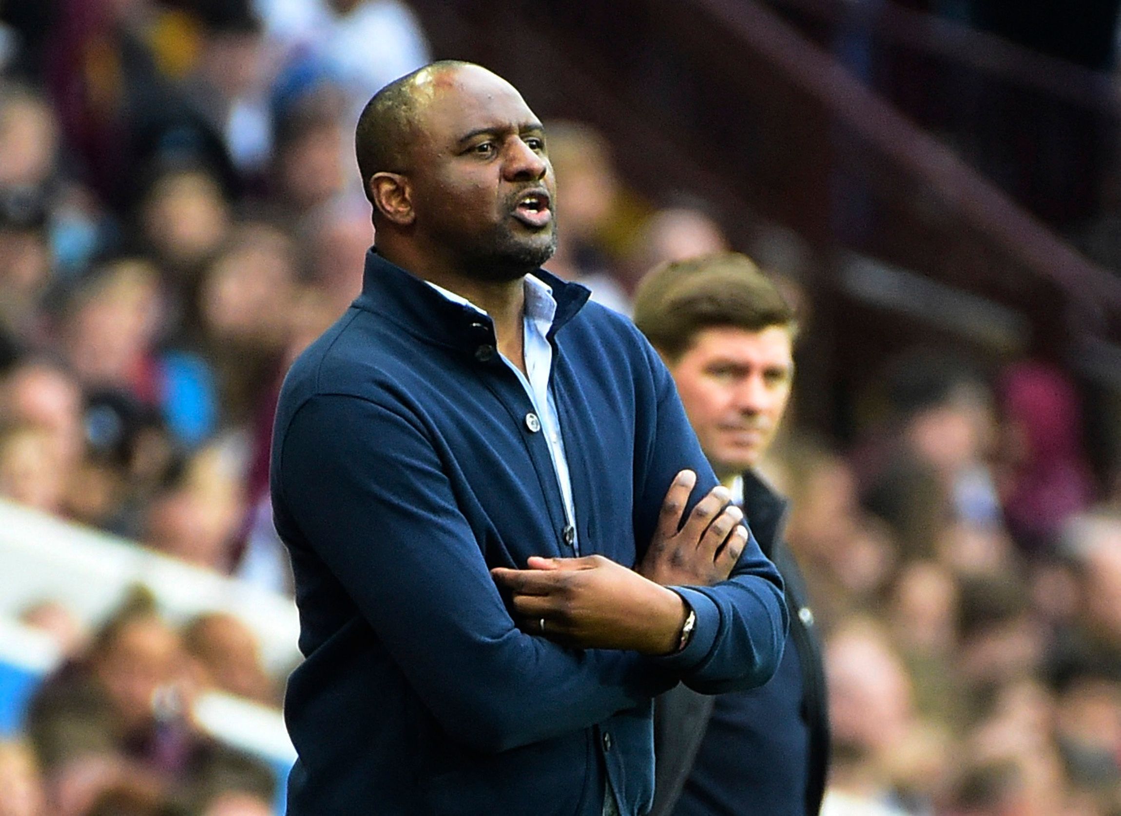 patrick-vieira-crystal-palace-premier-league-jesurun-rak-sakyi-opportunity-michael-olise-injurySoccer Football - Premier League - Aston Villa v Crystal Palace - Villa Park, Birmingham, Britain - May 15, 2022 Crystal Palace manager Patrick Vieira reacts as Aston Villa manager Steven Gerrard looks on REUTERS/Rebecca Naden EDITORIAL USE ONLY. No use with unauthorized audio, video, data, fixture lists, club/league logos or 'live' services. Online in-match use limited to 75 images, no video emulation