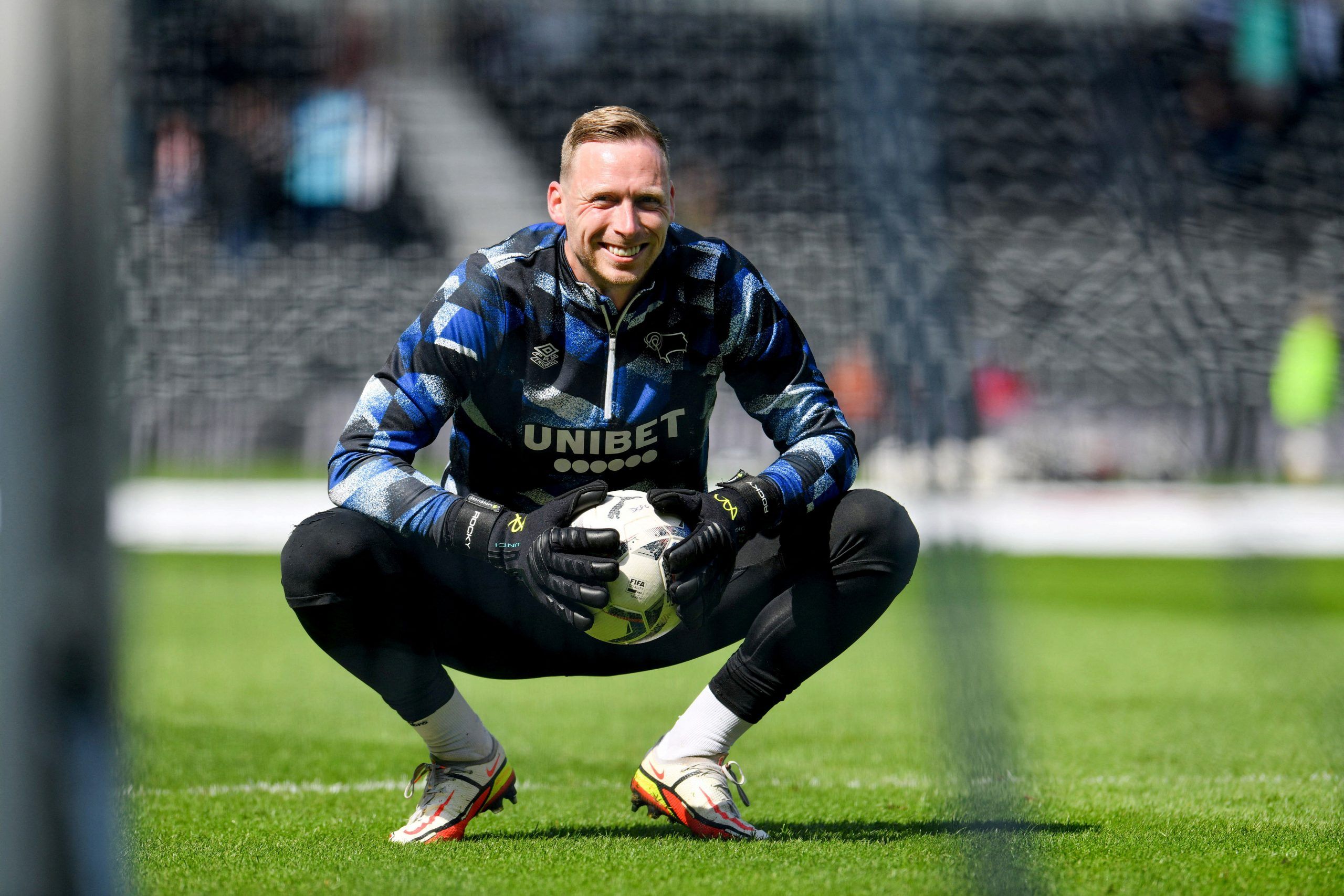 Soccer Football - Championship - Derby County v Bristol City - Pride Park, Derby, Britain - April 23, 2022 Derby County's Ryan Allsop during the warm up before the match   Action Images/Paul Burrows  EDITORIAL USE ONLY. No use with unauthorized audio, video, data, fixture lists, club/league logos or 
