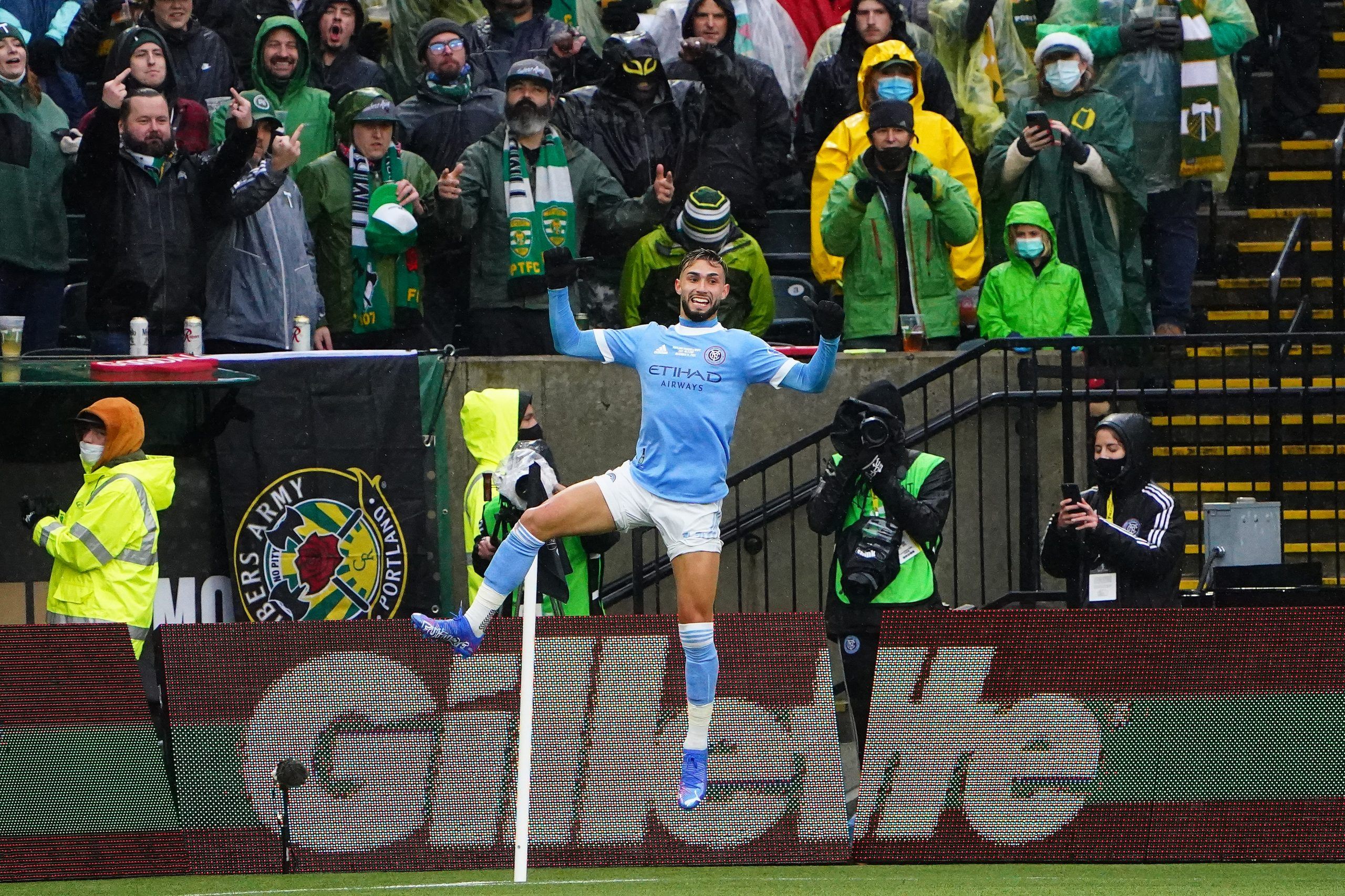 Dec 11, 2021; Portland, OR, USA;New York City FC midfielder Valentin Castellanos (11) celebrates after scoring a goal against the Portland Timbers during the first half of the 2021 MLS Cup championship game at Providence Park. Mandatory Credit: John David Mercer-USA TODAY Sports