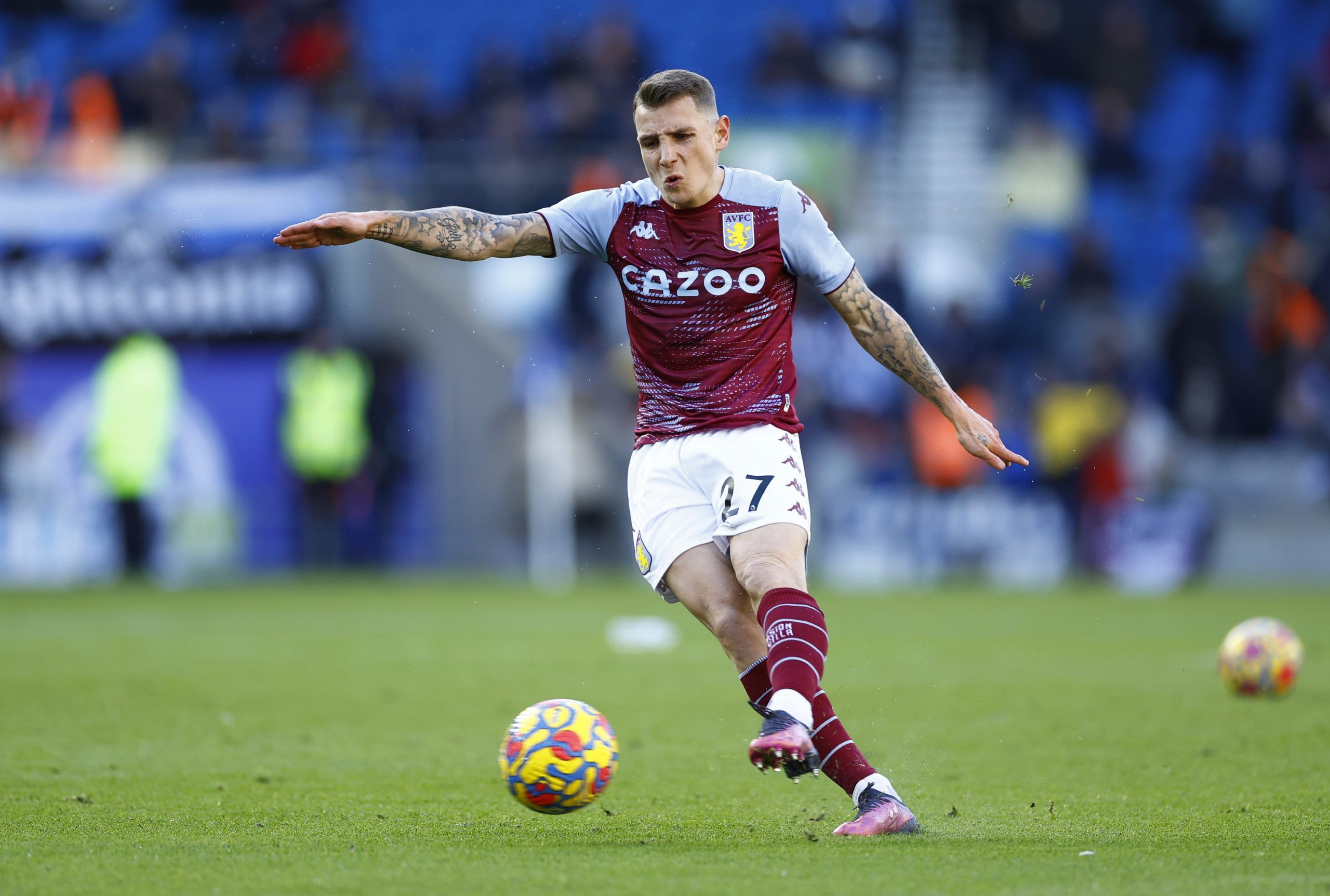 Soccer Football - Premier League - Brighton &amp; Hove Albion v Aston Villa - The American Express Community Stadium, Brighton, Britain - February 26, 2022  Aston Villa's Lucas Digne during the warm up before the match Action Images via Reuters/Andrew Boyers EDITORIAL USE ONLY. No use with unauthorized audio, video, data, fixture lists, club/league logos or 'live' services. Online in-match use limited to 75 images, no video emulation. No use in betting, games or single club /league/player public