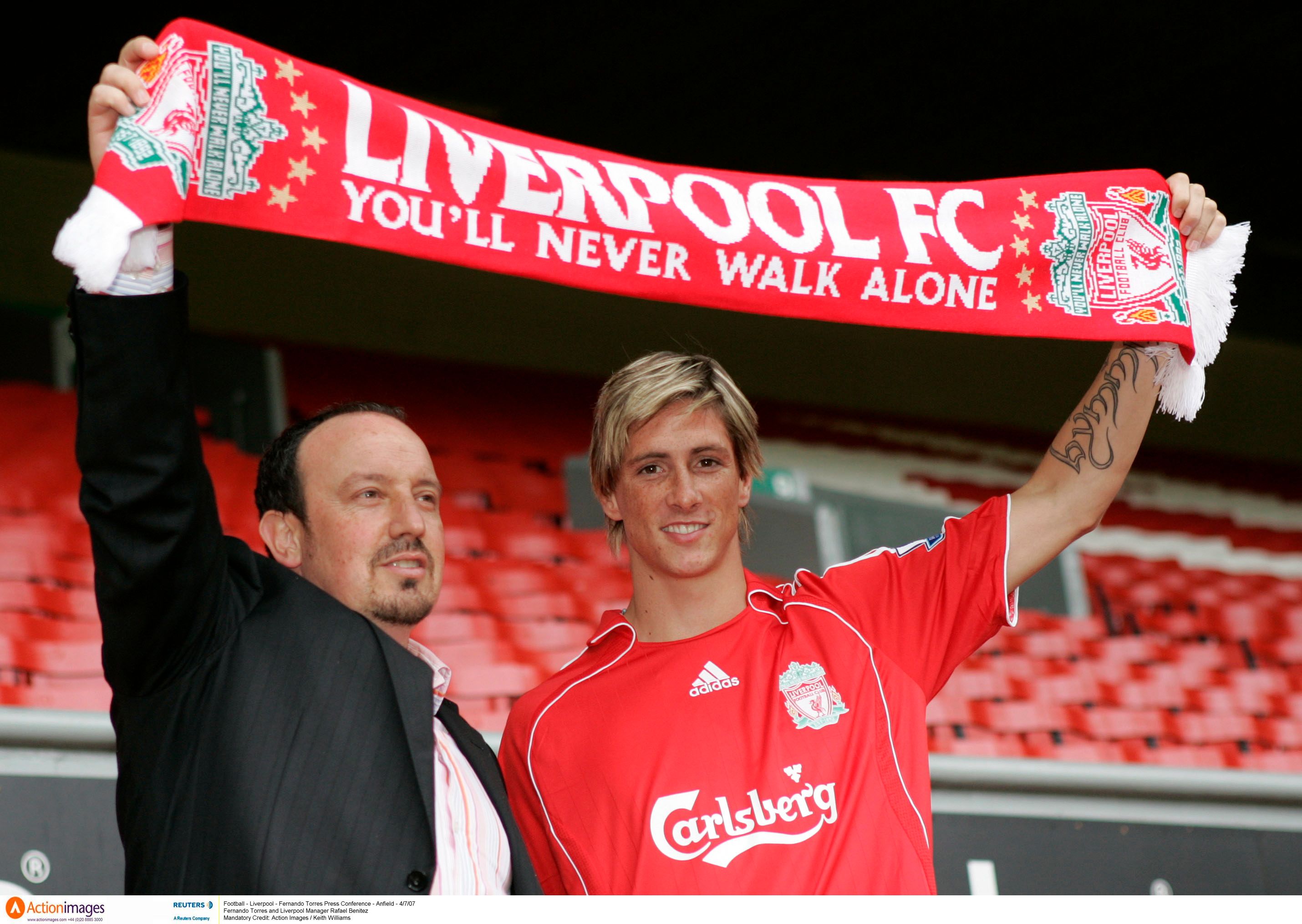 Fernando Torres with Rafa Benitez after signing for Liverpool