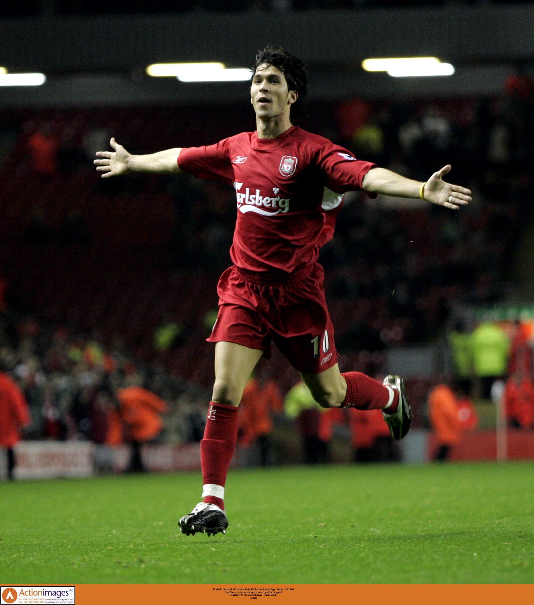 Football - Liverpool v Charlton Athletic FA Barclays Premiership - Anfield - 23/10/04 
Luis Garcia celebrates scoring the second goal for Liverpool 
Mandatory Credit: Action Images / Darren Walsh 
Livepic 
NO ONLINE/INTERNET USE WITHOUT A LICENCE FROM THE FOOTBALL DATA CO LTD. FOR LICENCE ENQUIRIES PLEASE TELEPHONE +44 207 298 1656.