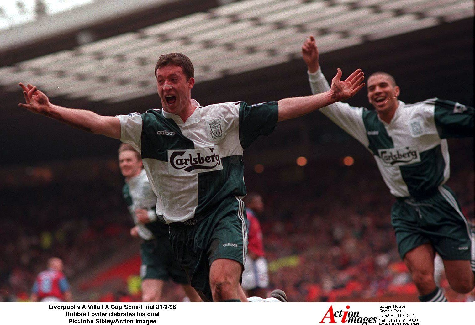 Liverpool v Aston Villa FA Cup Semi-Final 31/3/96 
Robbie Fowler celebrates his goal 
Pic:John Sibley/Action Images 
Football