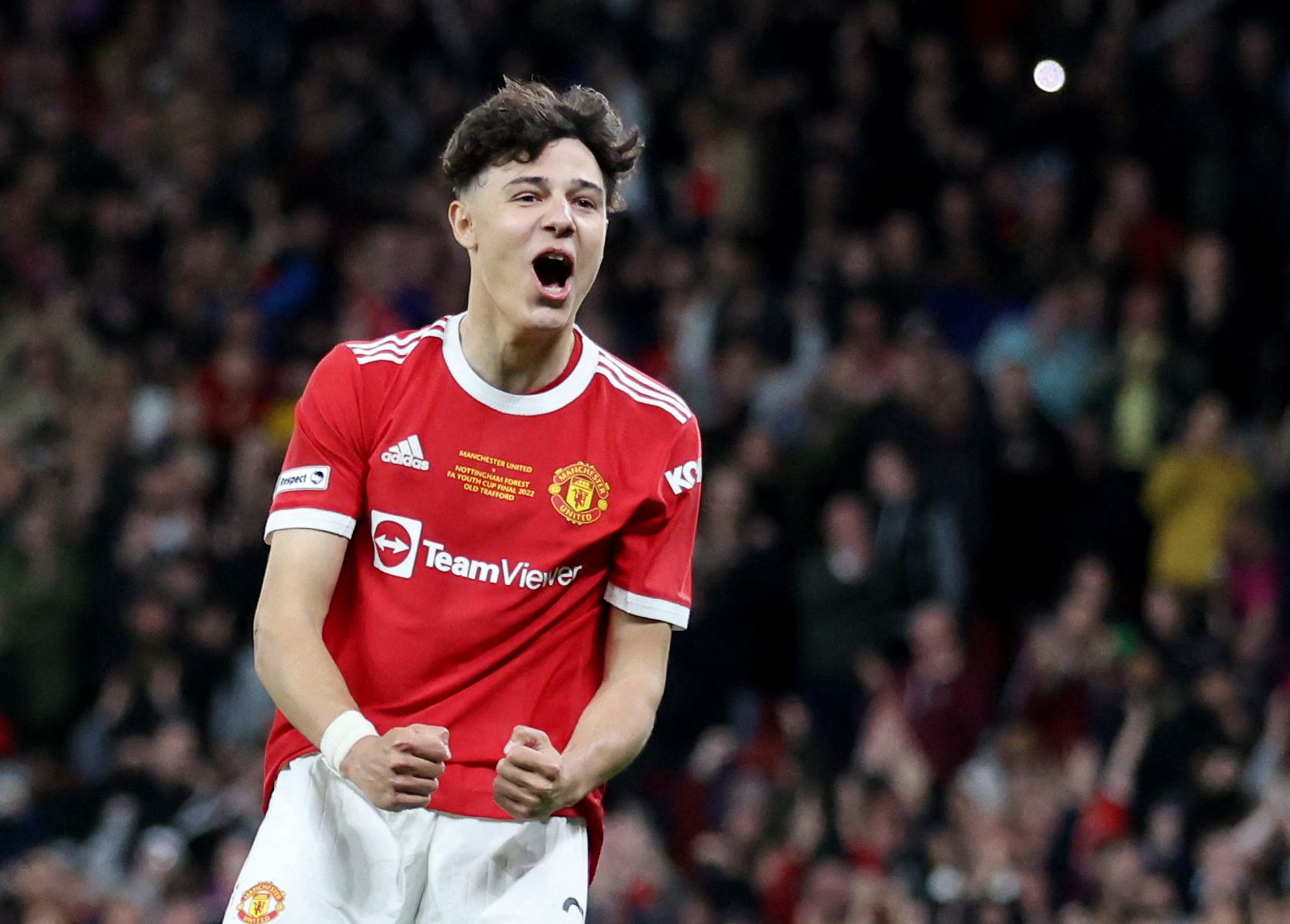 Soccer Football - FA Youth Cup Final - Manchester United v Nottingham Forest - Old Trafford, Manchester, Britain - May 11, 2022 Manchester United's Marc Jurado celebrates their third goal scored by Alejandro Garnacho Action Images/Carl Recine