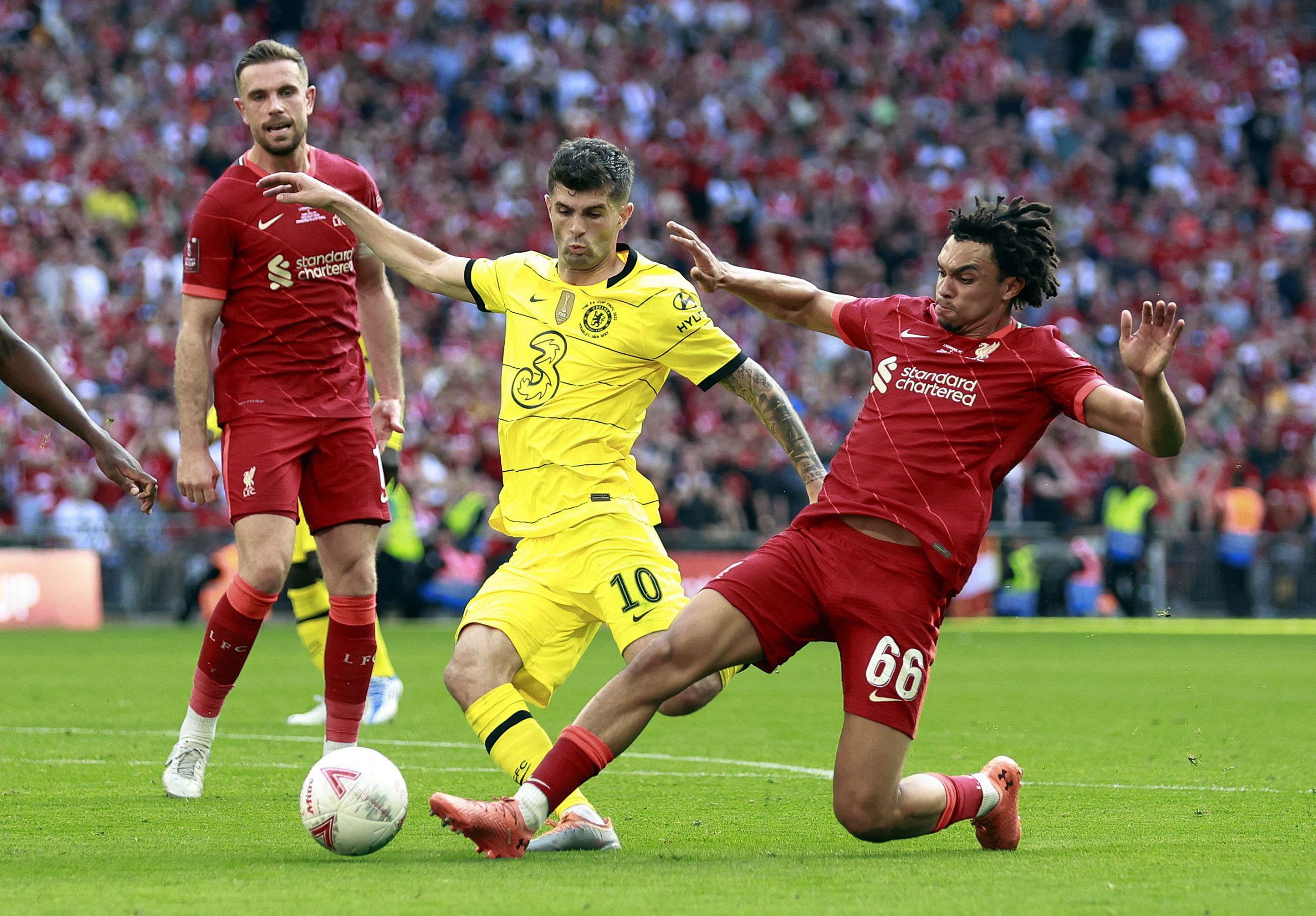 Soccer Football - FA Cup - Final - Chelsea v Liverpool - Wembley Stadium, London, Britain - May 14, 2022 Liverpool's Trent Alexander-Arnold in action with Chelsea's Christian Pulisic Action Images via Reuters/Peter Cziborra