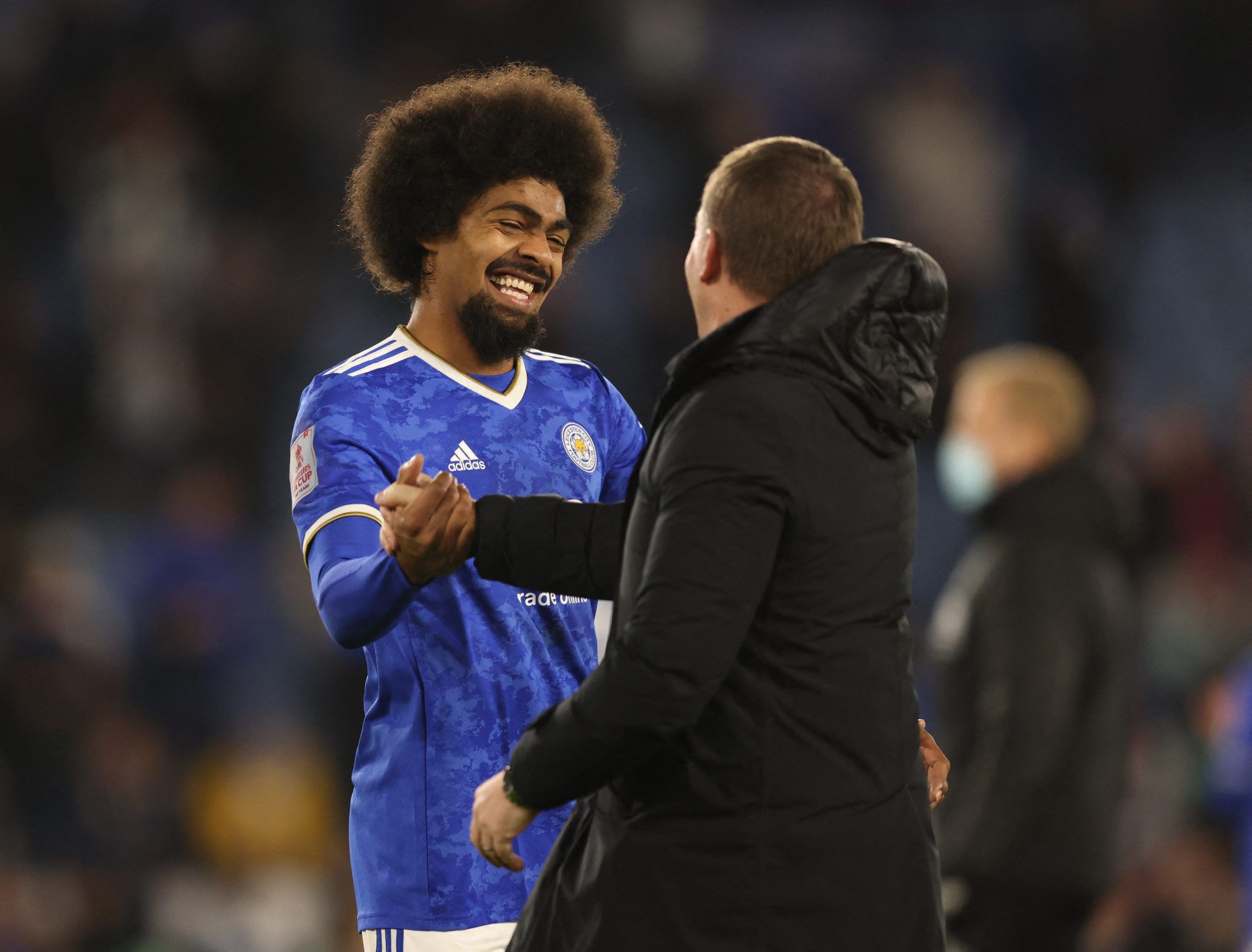 Soccer Football - FA Cup Third Round - Leicester City v Watford - King Power Stadium, Leicester, Britain - January 8, 2022 Leicester City manager Brendan Rodgers and Hamza Choudhury after the match Action Images via Reuters/John Clifton