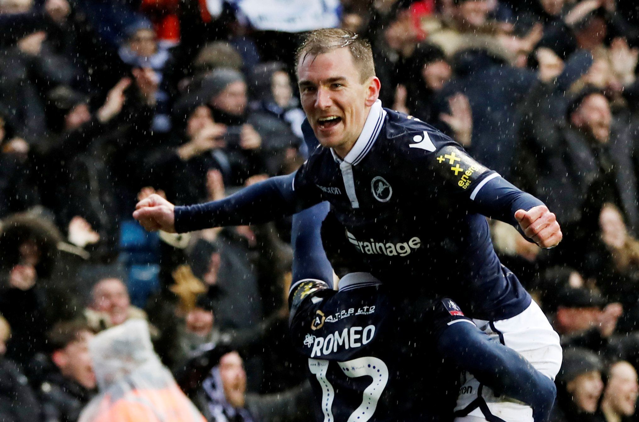 Soccer Football -  FA Cup Quarter Final - Millwall v Brighton &amp; Hove Albion  - The Den, London, Britain - March 17, 2019  Millwall's Jed Wallace celebrates their second goal scored by Aiden O'Brien             Action Images via Reuters/Paul Childs