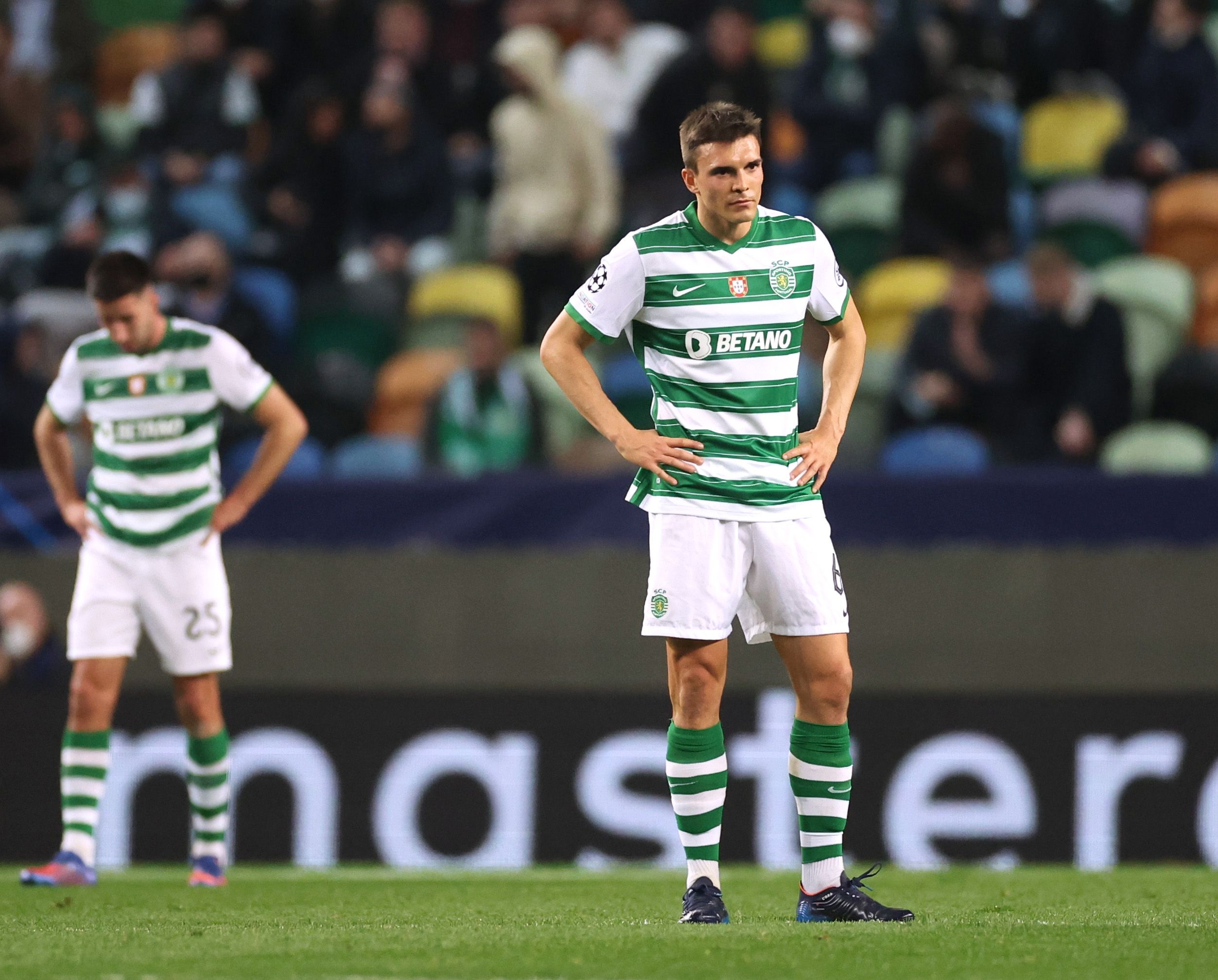 joao-palhinha-sporting-cp-manchester-city-champions-league-fulham-transfer-news-wolves-transfer-news-bruno-lage-jorge-mendes-agent-bruno-andradeSoccer Football - Champions League - Round of 16 First Leg - Sporting CP v Manchester City - Estadio Jose Alvalade, Lisbon, Portugal - February 15, 2022
Sporting CP's Joao Palhinha looks dejected after Manchester City's Bernardo Silva scores their fourth goal Action Images via Reuters/Carl Recine