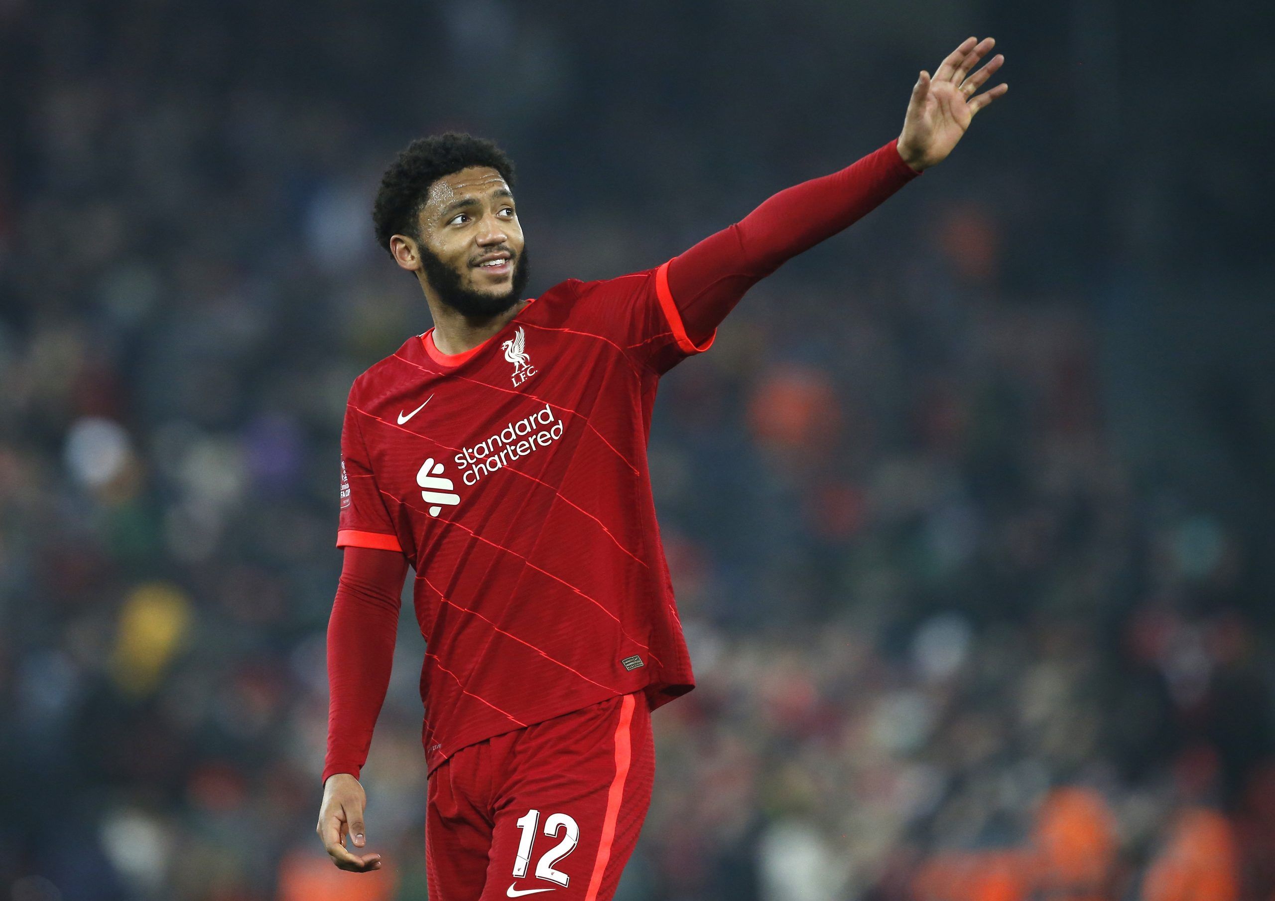 Soccer Football - FA Cup Fifth Round - Liverpool v Norwich City - Anfield, Liverpool, Britain - March 2, 2022 Liverpool's Joe Gomez acknowledges the fans after the match REUTERS/Craig Brough