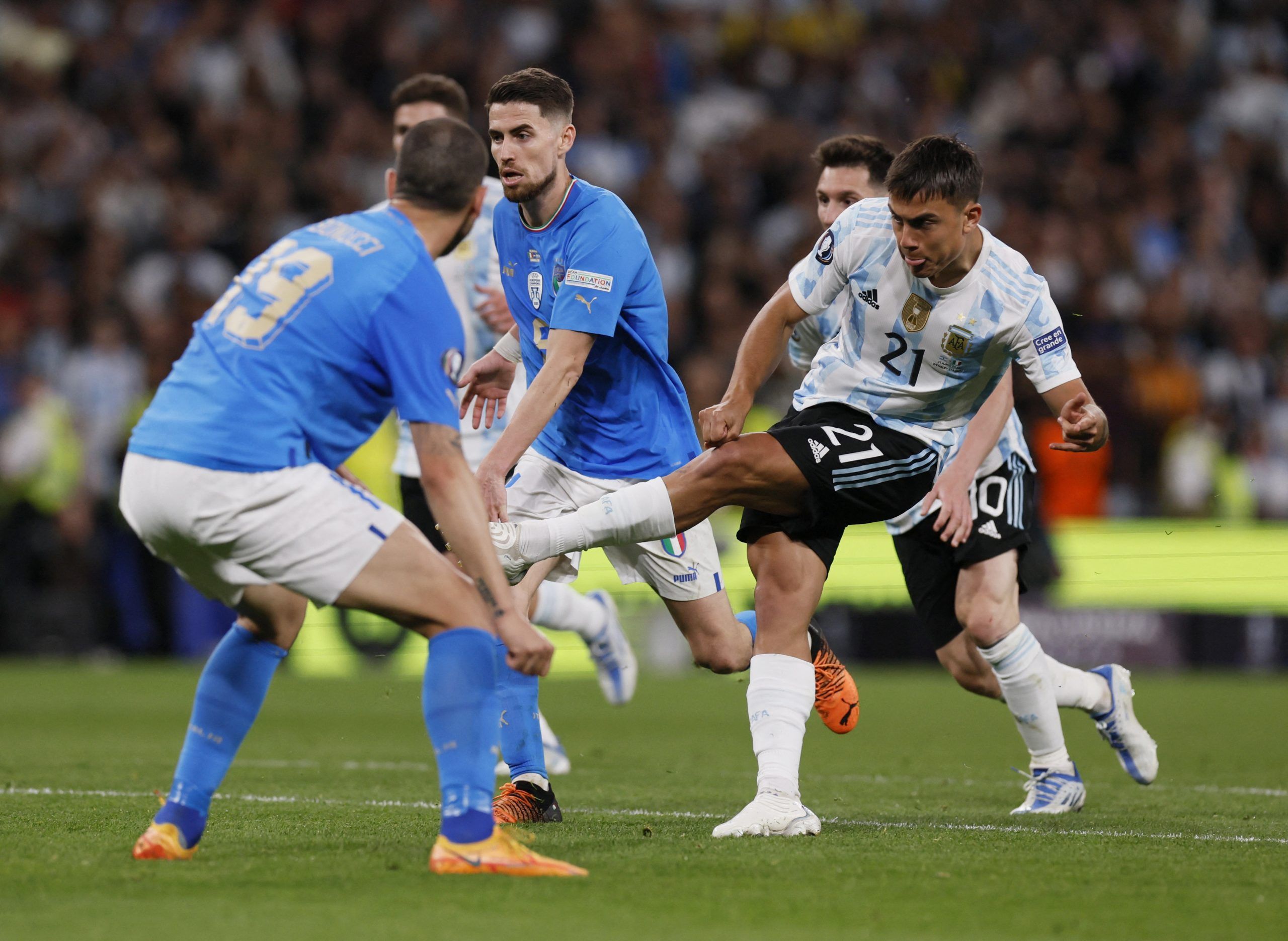 Soccer Football - Finalissima - Italy v Argentina - Wembley Stadium, London, Britain - June 1, 2022 Argentina's Paulo Dybala scores their third goal REUTERS/Andrew Couldridge
