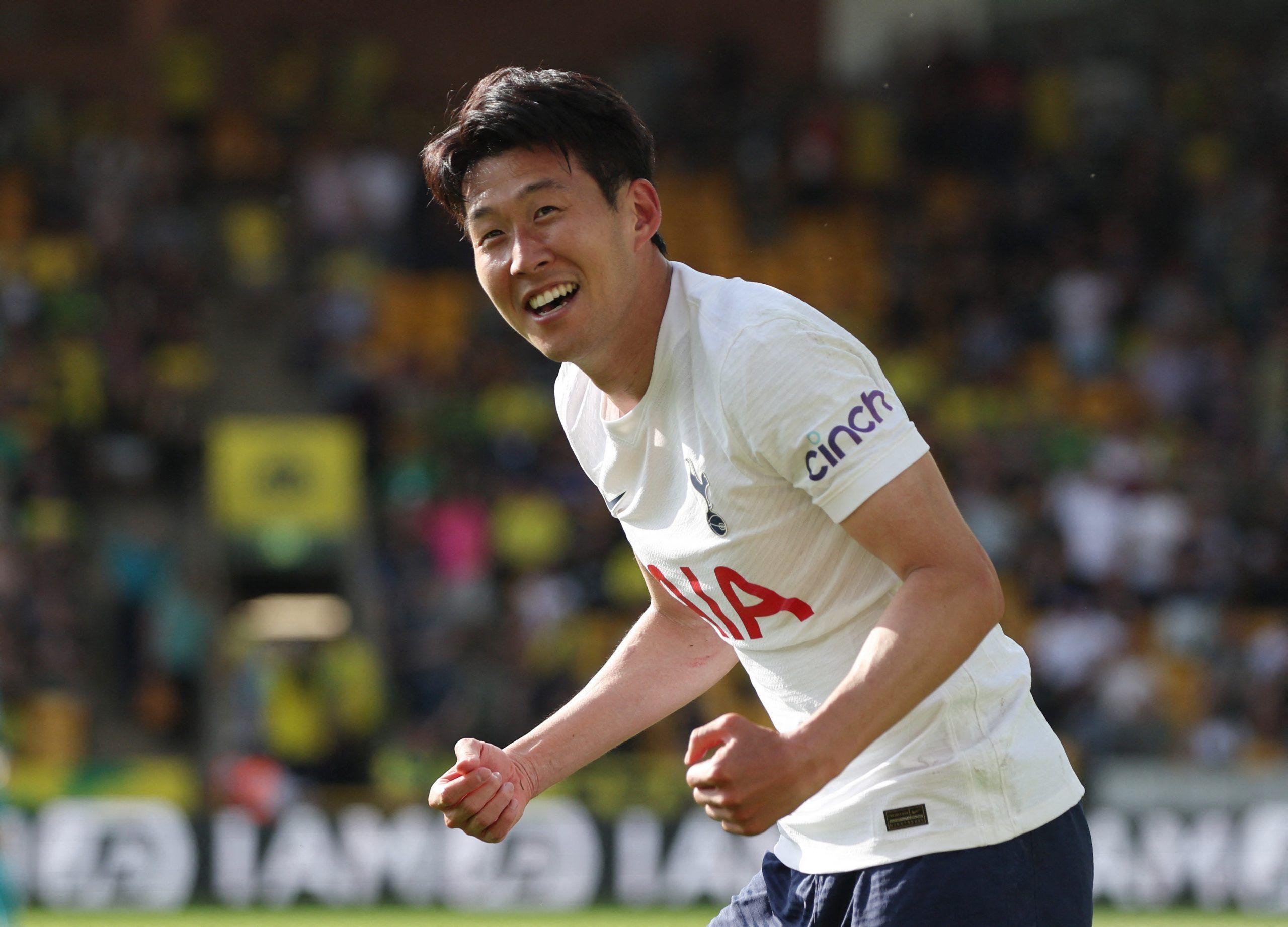 Soccer Football - Premier League - Norwich City v Tottenham Hotspur - Carrow Road, Norwich, Britain - May 22, 2022 Tottenham Hotspur's Son Heung-min celebrates scoring their fifth goal Action Images via Reuters/Paul Childs EDITORIAL USE ONLY. No use with unauthorized audio, video, data, fixture lists, club/league logos or 'live' services. Online in-match use limited to 75 images, no video emulation. No use in betting, games or single club /league/player publications.  Please contact your account
