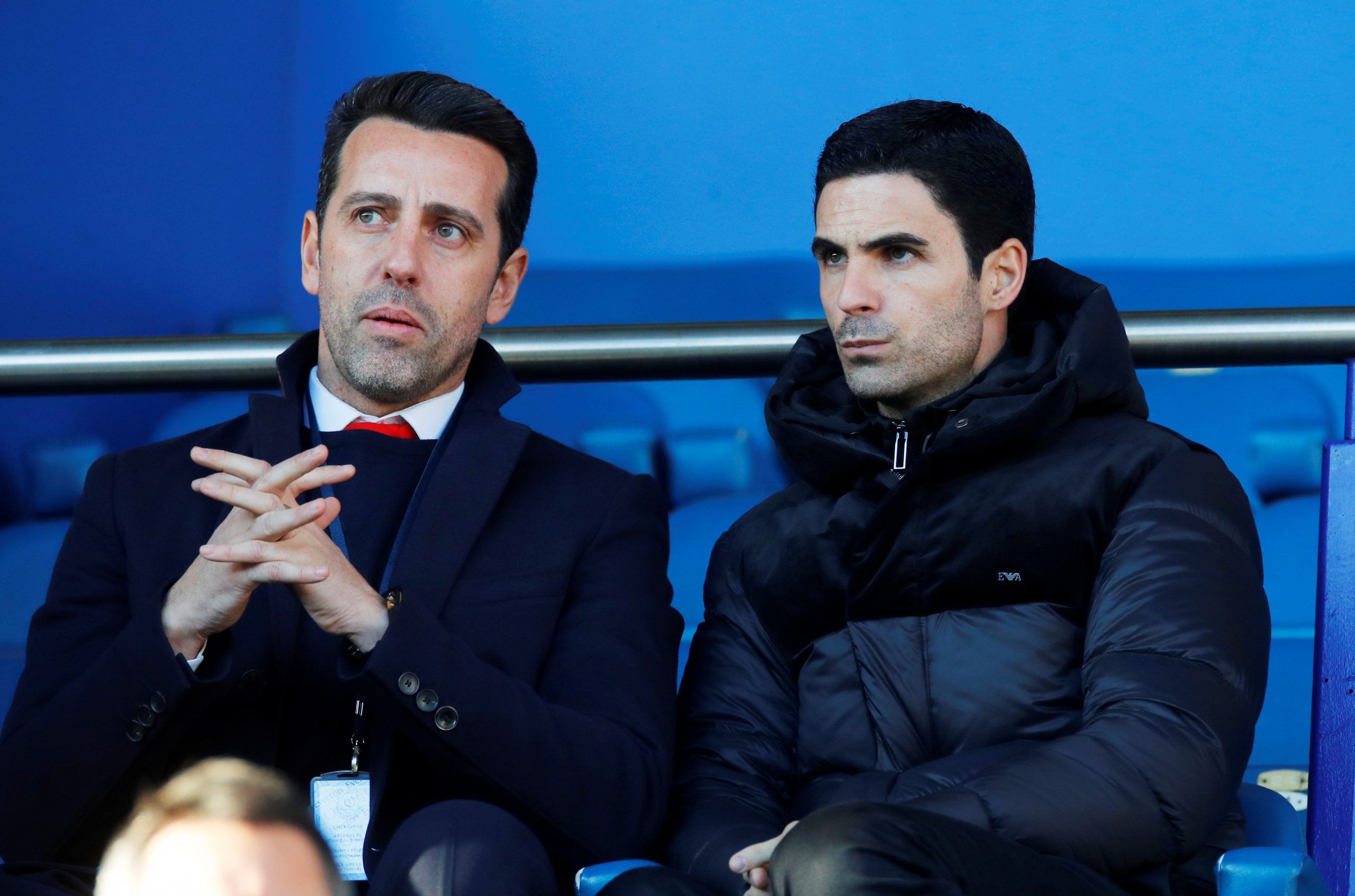 Soccer Football - Premier League - Everton v Arsenal - Goodison Park, Liverpool, Britain - December 21, 2019  New Arsenal manager Mikel Arteta and technical director Edu inside the stadium before the match   REUTERS/Phil Noble  EDITORIAL USE ONLY. No use with unauthorized audio, video, data, fixture lists, club/league logos or 