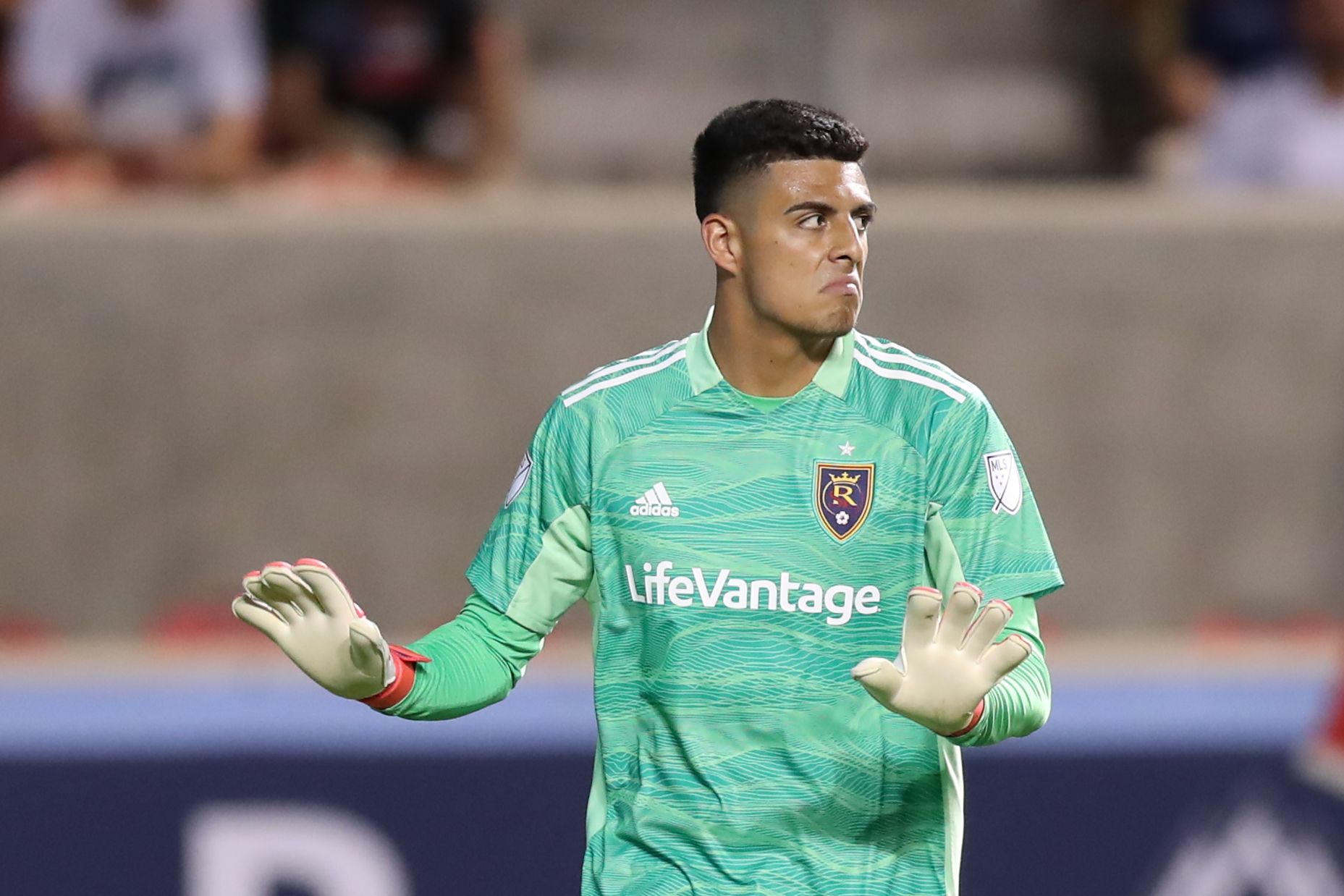 Jul 7, 2021; Sandy, Utah, CAN; Real Salt Lake goalkeeper David Ochoa (1) reacts to a play against the Vancouver Whitecaps in the second half at Rio Tinto Stadium. Mandatory Credit: Rob Gray-USA TODAY Sports