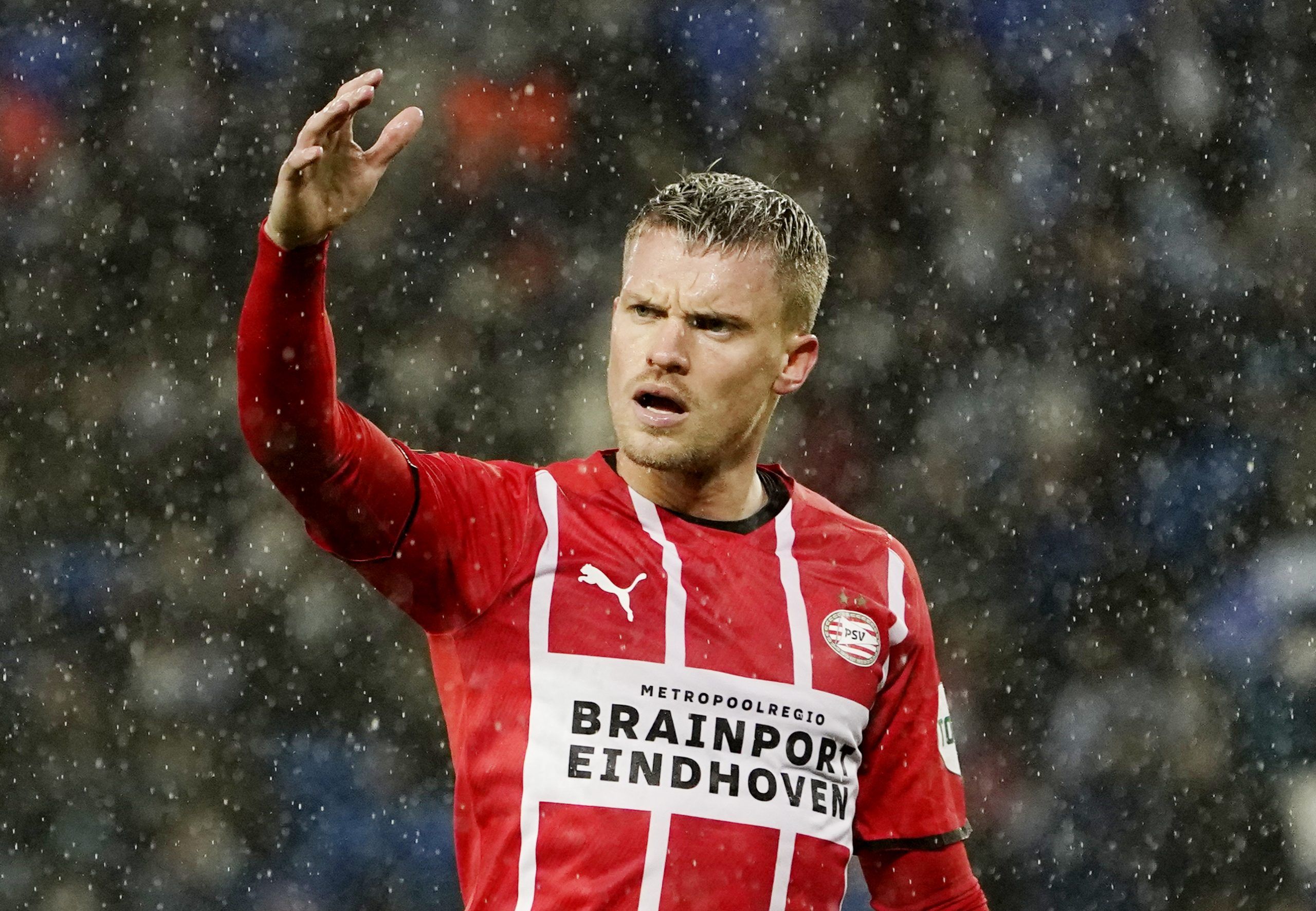 Soccer Football - Europa League - Group B - Real Sociedad v PSV Eindhoven - Reale Arena, San Sebastian, Spain - December 9, 2021  PSV Eindhoven's Philipp Max reacts REUTERS/Vincent West