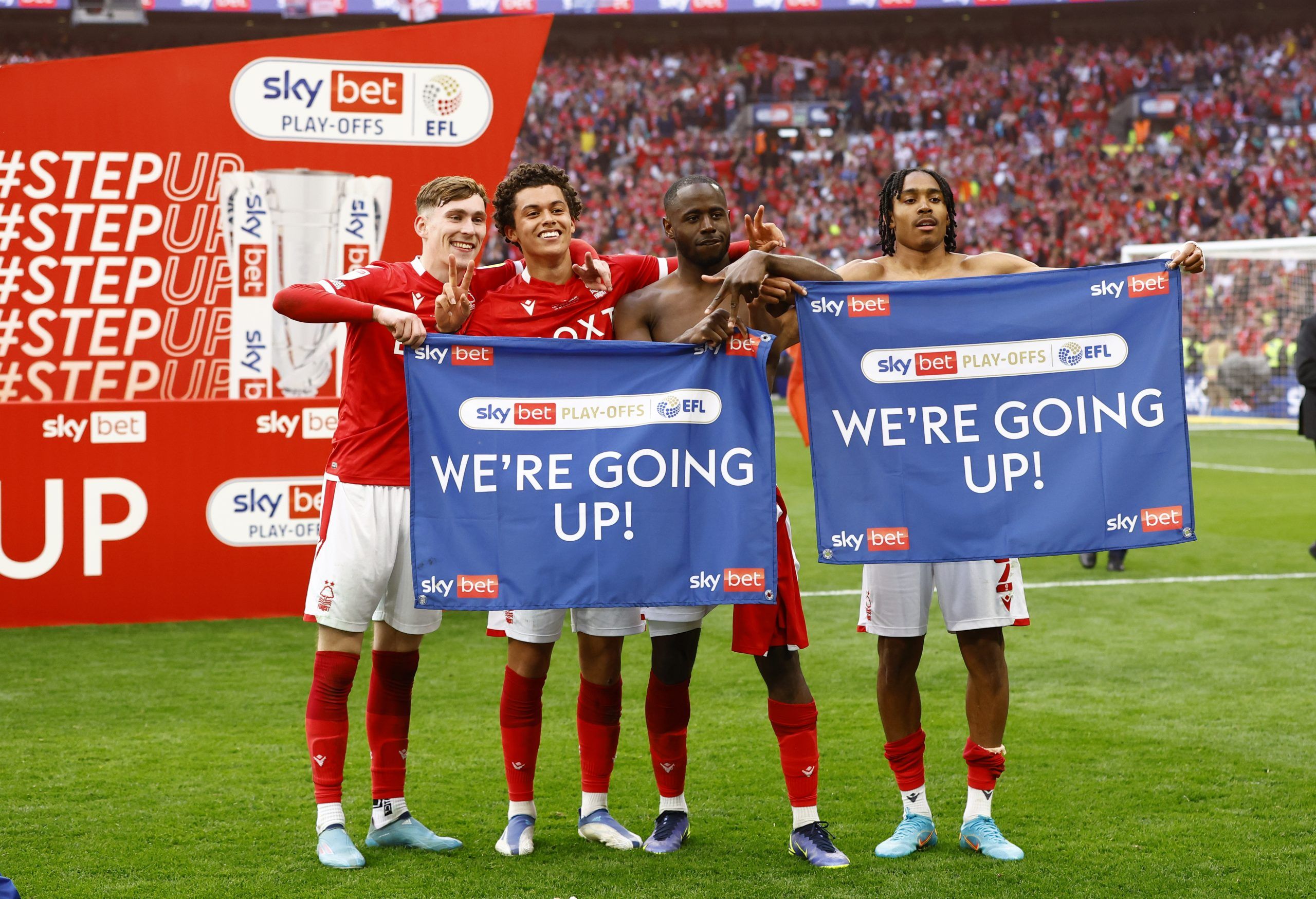 Soccer Football - Championship Play-Off Final - Huddersfield Town v Nottingham Forest - Wembley Stadium, London, Britain - May 29, 2022 Nottingham Forest's James Garner, Brennan Johnson, Keinan Davis and Djed Spence celebrate after winning the Championship Play-Off Final Action Images via Reuters/Andrew Boyers