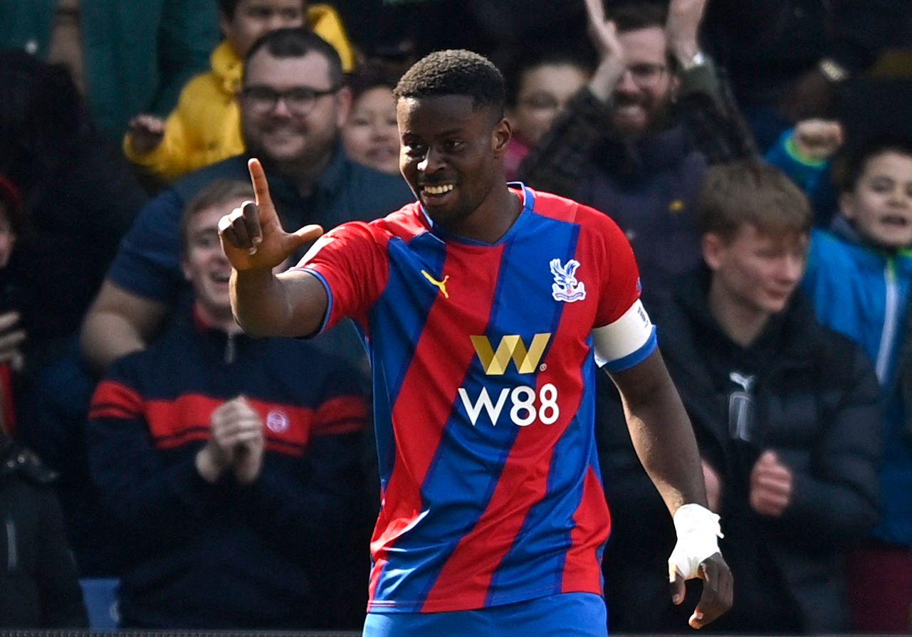 Soccer Football - FA Cup Quarter Final - Crystal Palace v Everton - Selhurst Park, London, Britain - March 20, 2022 Crystal Palace's Marc Guehi celebrates scoring their first goal REUTERS/Tony Obrien
