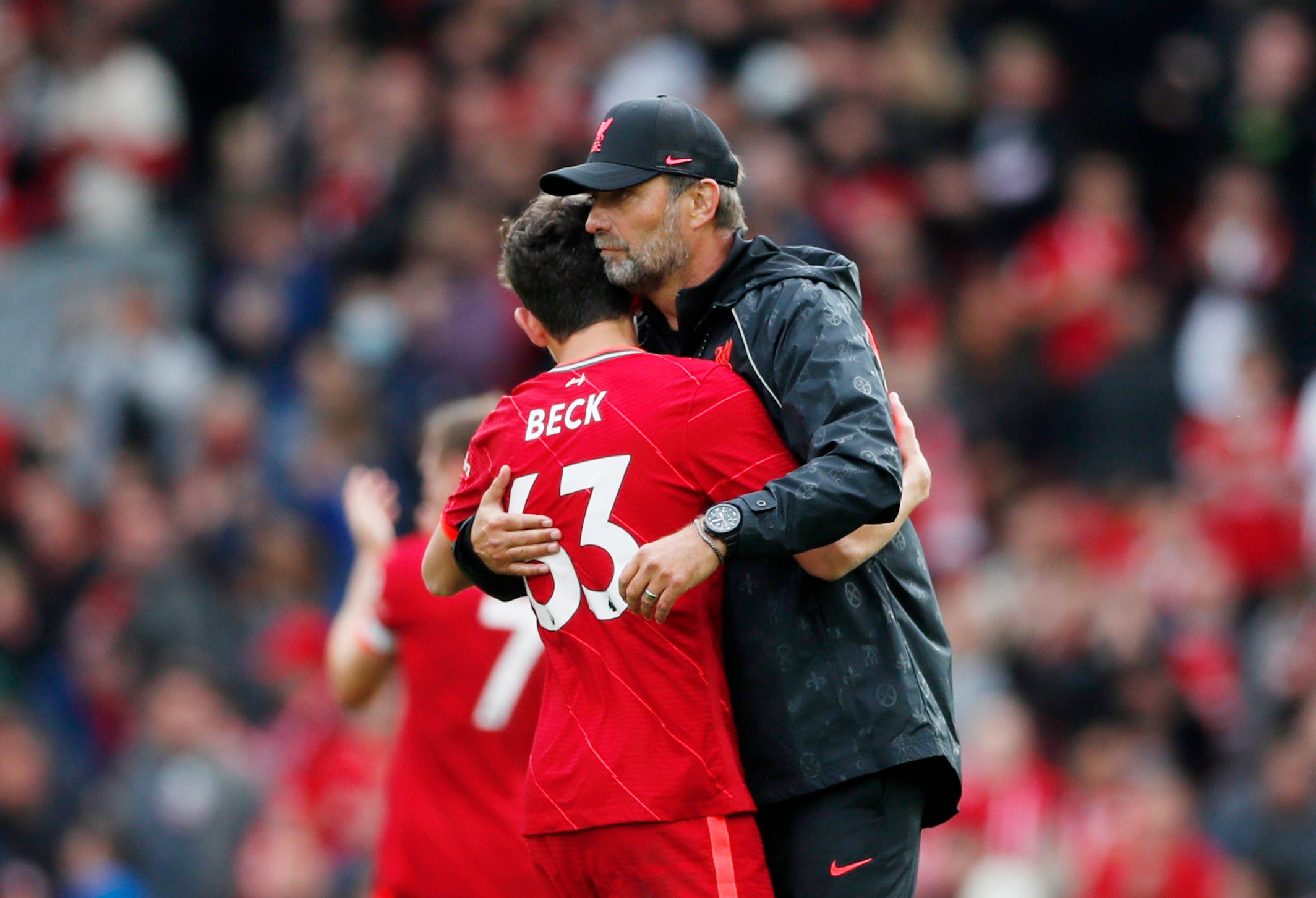 Soccer Football - Pre Season Friendly - Liverpool v Athletic Bilbao - Anfield, Liverpool, Britain - August 8, 2021  Liverpool manager Jurgen Klopp with Owen Beck after the match Action Images via Reuters/Lee Smith