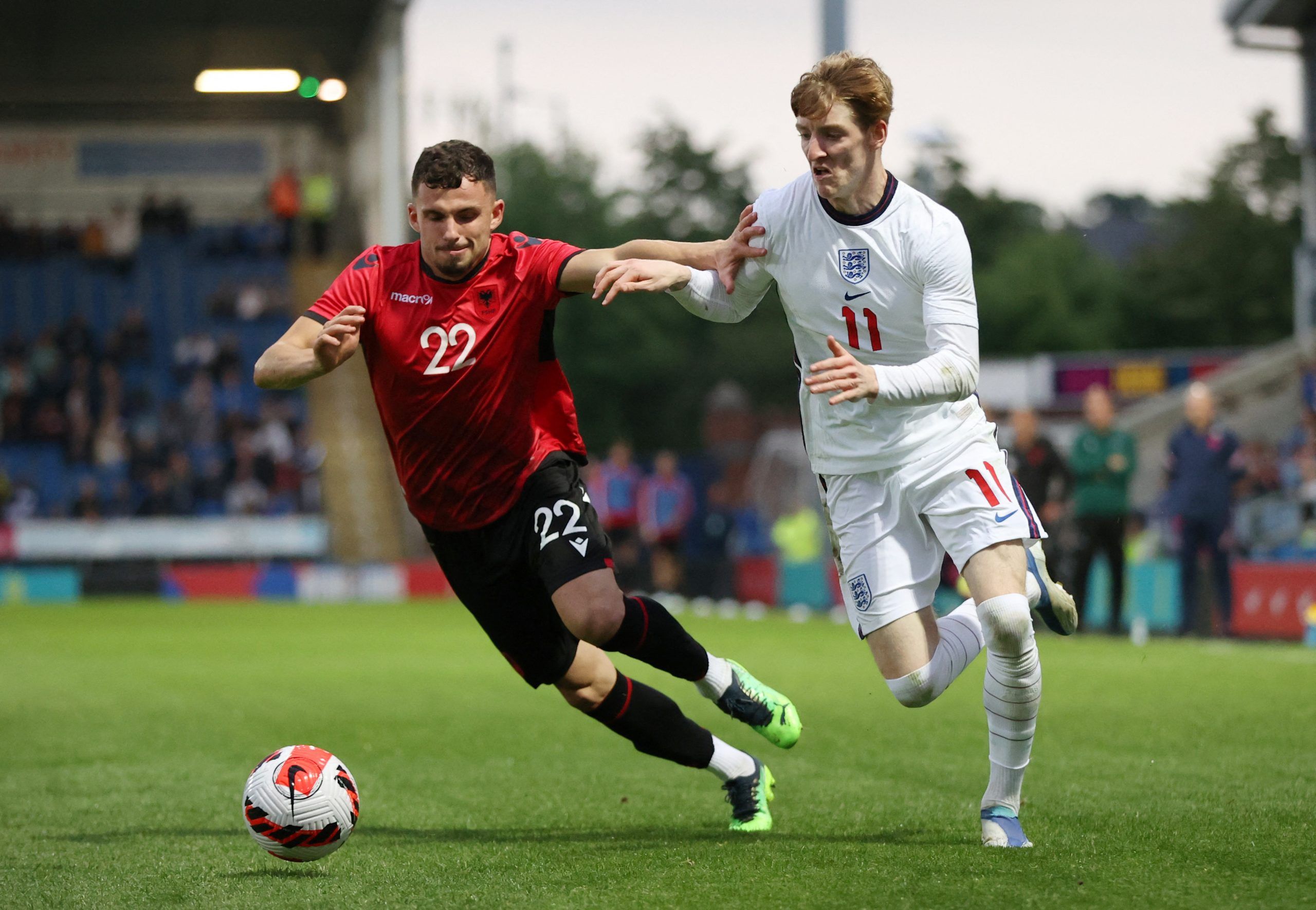 Soccer Football - European Under-21 Championship Qualifying - Group G - England v Albania - Technique Stadium, Chesterfield, Britain - June 7, 2022 Albania's Albion Marku in action with England's Anthony Gordon Action Images via Reuters/Molly Darlington
