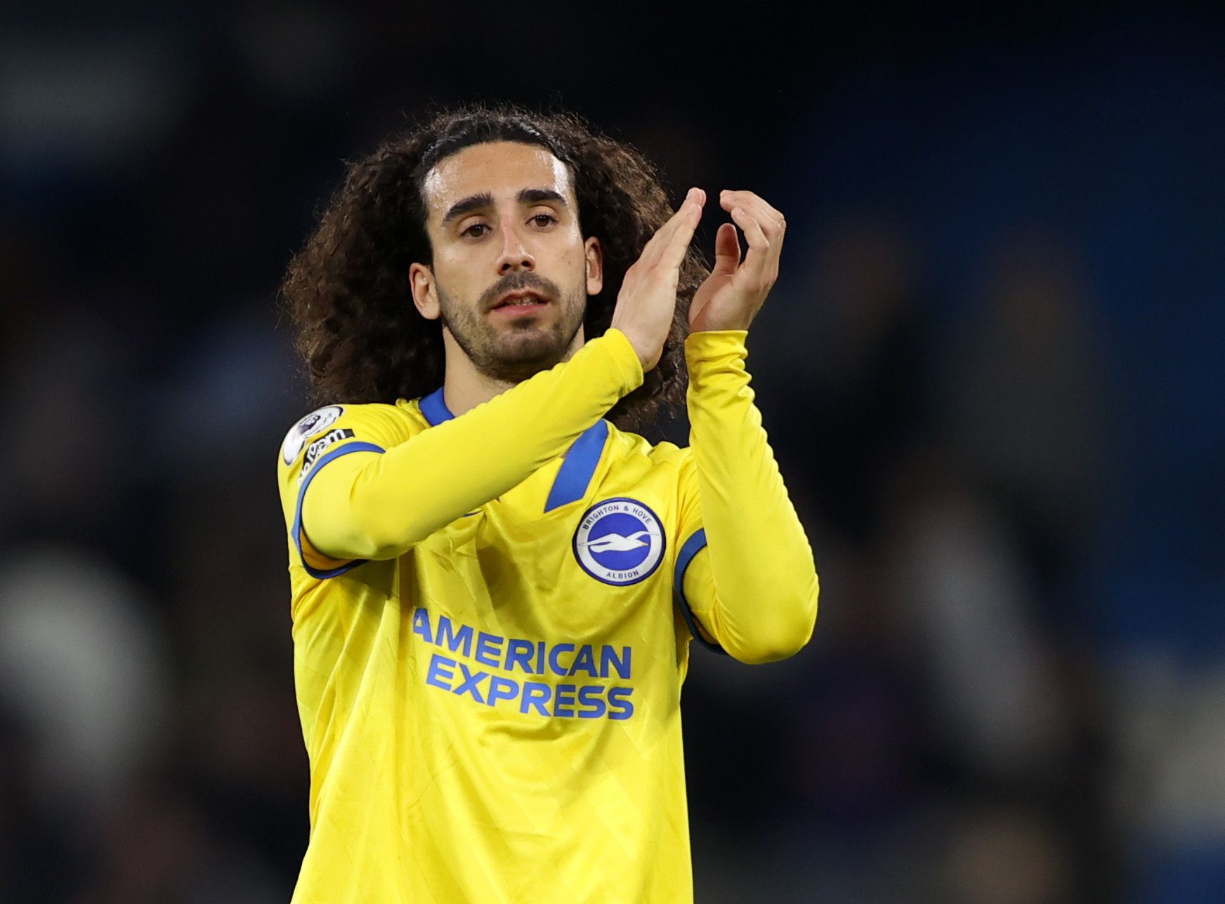 Soccer Football - Premier League - Manchester City v Brighton &amp; Hove Albion - Etihad Stadium, Manchester, Britain - April 20, 2022 Brighton &amp; Hove Albion's Marc Cucurella applauds fans after the match Action Images via Reuters/Molly Darlington EDITORIAL USE ONLY. No use with unauthorized audio, video, data, fixture lists, club/league logos or 'live' services. Online in-match use limited to 75 images, no video emulation. No use in betting, games or single club /league/player publications.