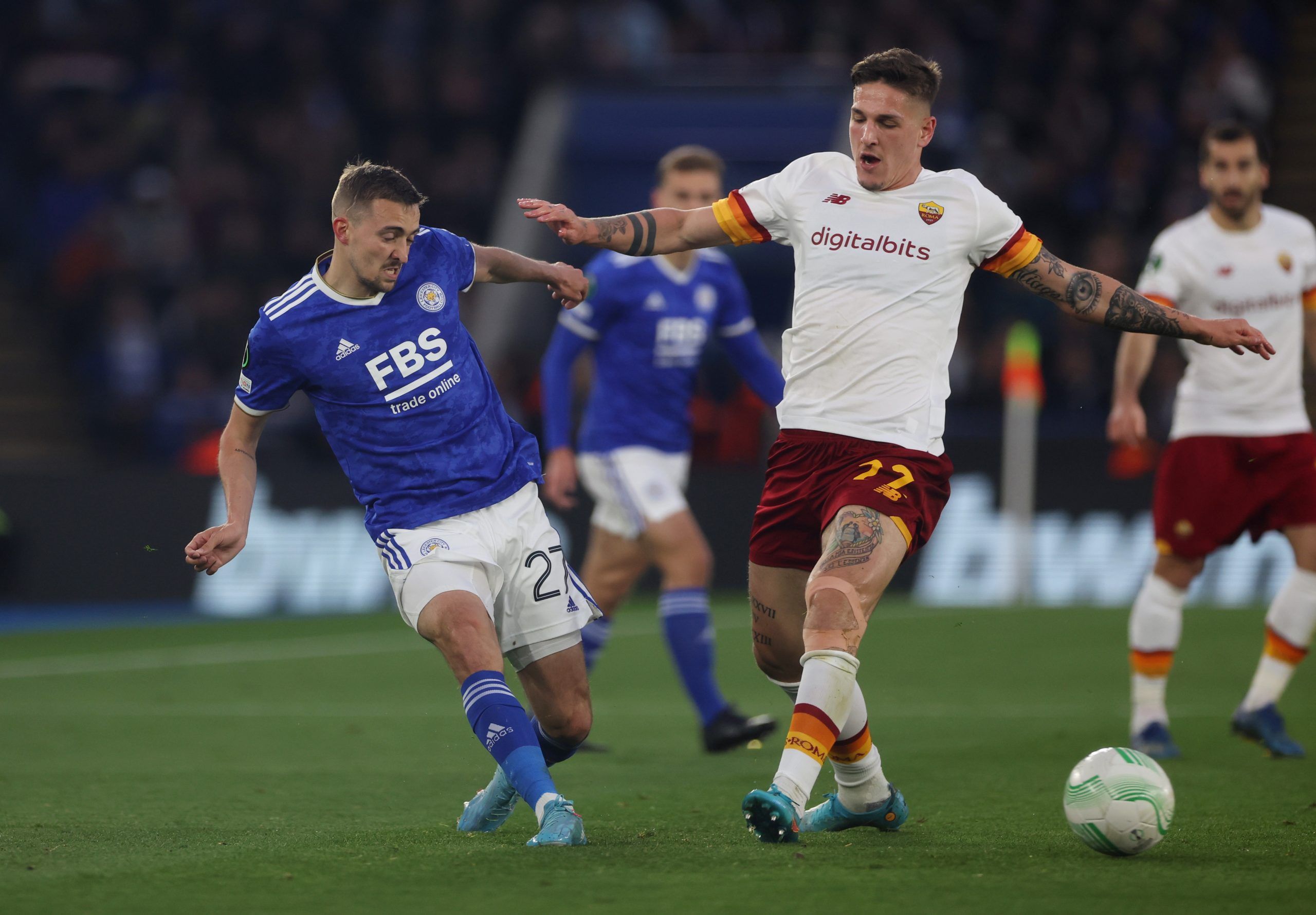 Soccer Football - Europa Conference League - Semi Final - First Leg - Leicester City v AS Roma - King Power Stadium, Leicester, Britain - April 28, 2022 Leicester City's Timothy Castagne in action with AS Roma's Nicolo Zaniolo Action Images via Reuters/Paul Childs