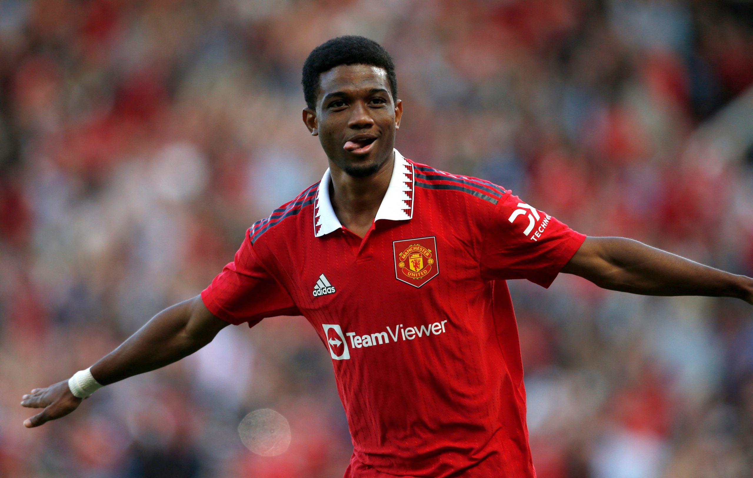 Soccer Football - Pre Season Friendly - Manchester United v Rayo Vallecano - Old Trafford, Manchester, Britain - July 31, 2022 Manchester United's Amad Diallo celebrates scoring their first goal Action Images via Reuters/Ed Sykes