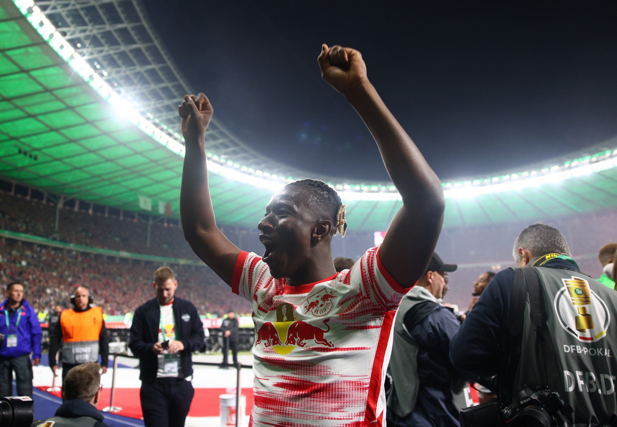 Soccer Football - DFB Cup - Final - SC Freiburg v RB Leipzig - Olympiastadion, Berlin, Germany - May 21, 2022  RB Leipzig's Amadou Haidara celebrates after winning the DFB Cup REUTERS/Lisi Niesner DFB REGULATIONS PROHIBIT ANY USE OF PHOTOGRAPHS AS IMAGE SEQUENCES AND/OR QUASI-VIDEO.