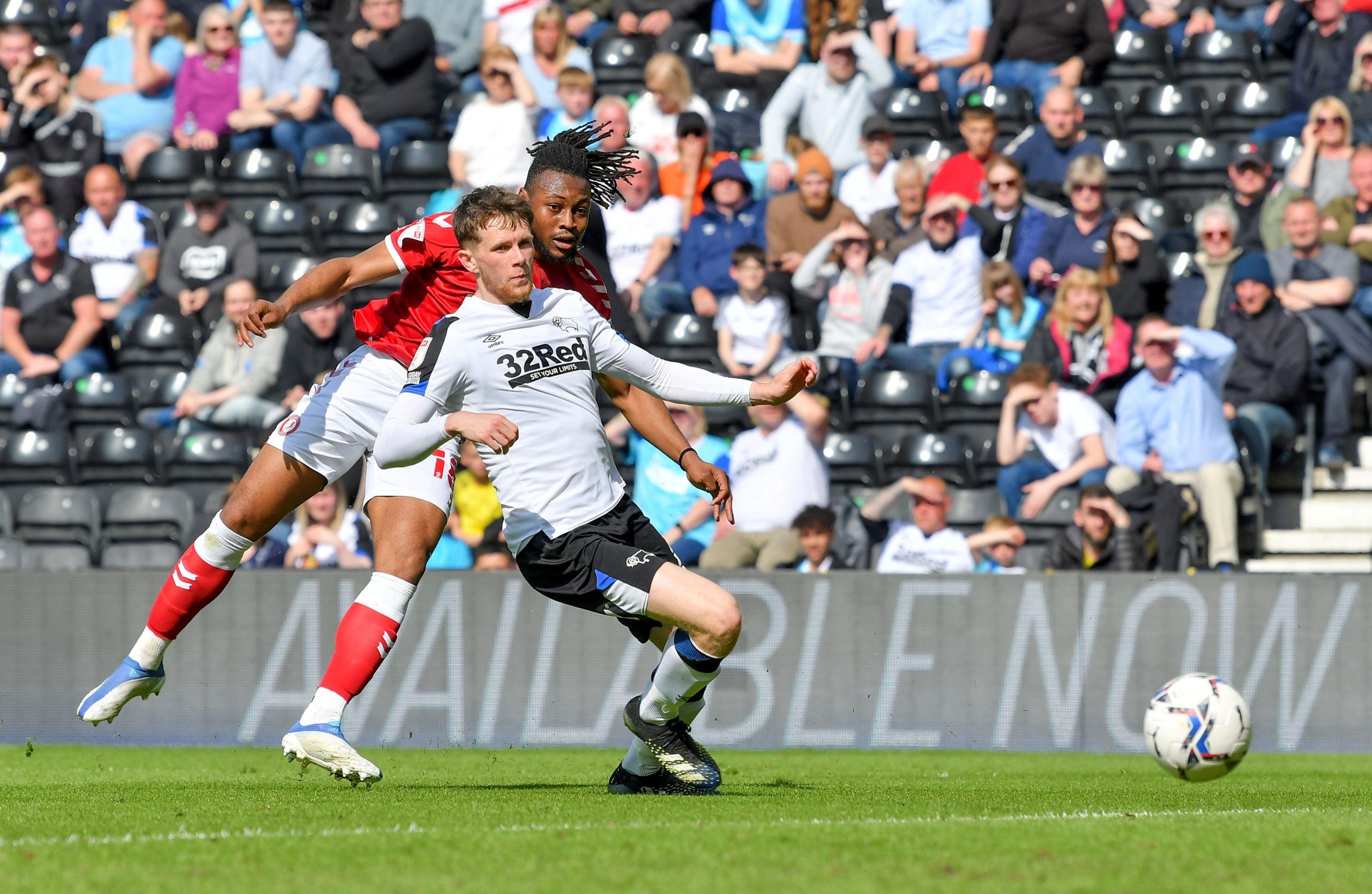 Soccer Football - Championship - Derby County v Bristol City - Pride Park, Derby, Britain - April 23, 2022 Bristol City's Antoine Semenyo scores their second goal  Action Images/Paul Burrows  EDITORIAL USE ONLY. No use with unauthorized audio, video, data, fixture lists, club/league logos or 