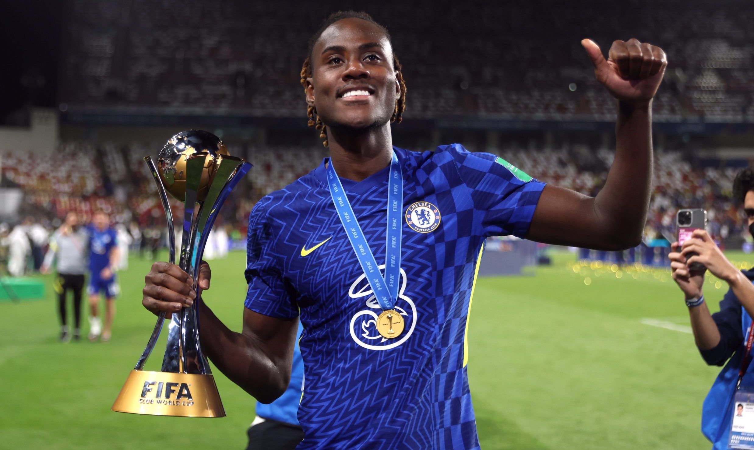 Chelsea's Trevoh Chalobah celebrates with the trophy after winning the Club World Cup