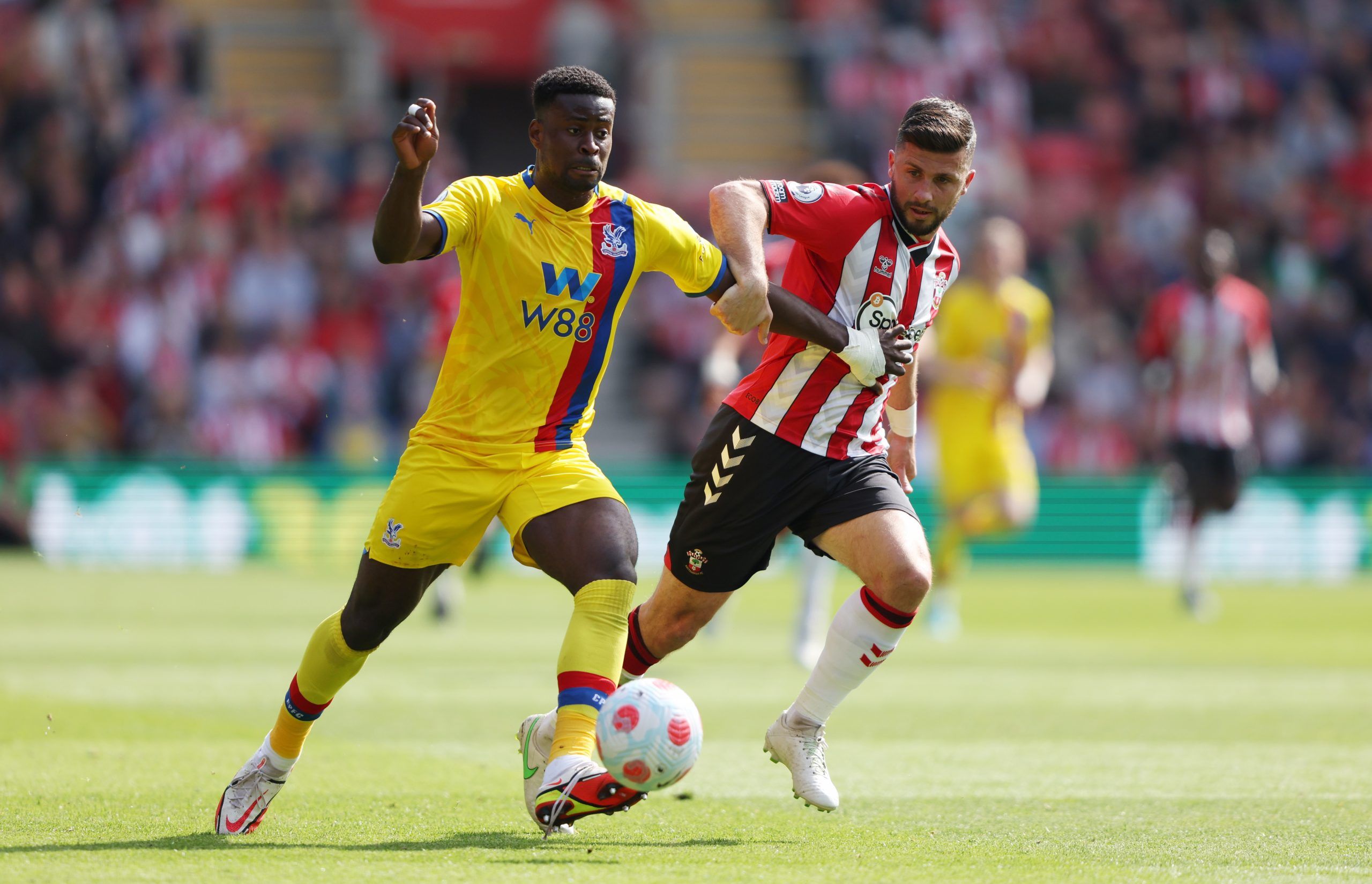Crystal Palace's Marc Guehi in action with Southampton's Shane Long 