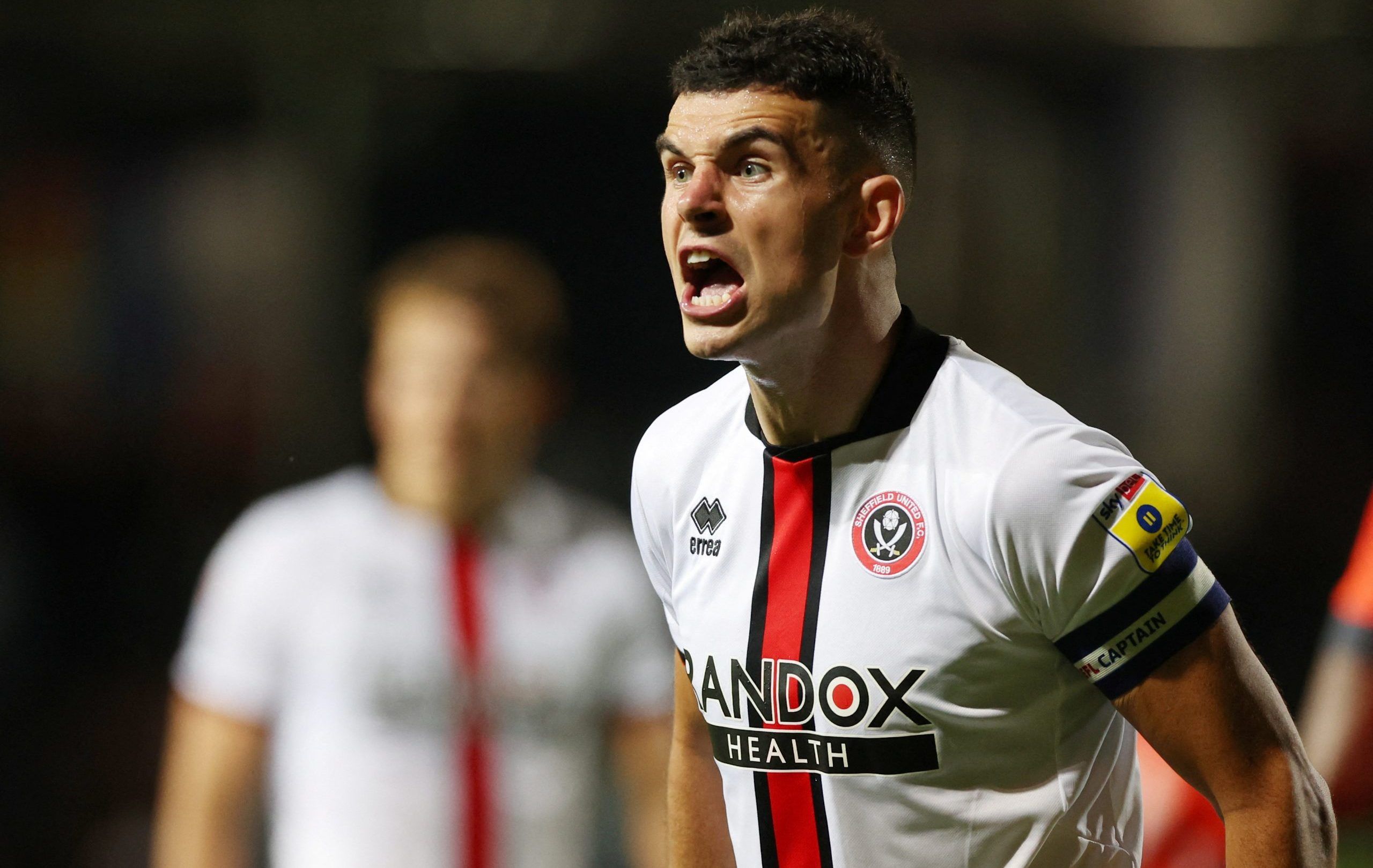 Soccer Football - Championship - Luton Town v Sheffield United - Kenilworth Road, Luton, Britain - August 26, 2022 Sheffield United's John Egan reacts  Action Images/Matthew Childs  EDITORIAL USE ONLY. No use with unauthorized audio, video, data, fixture lists, club/league logos or 