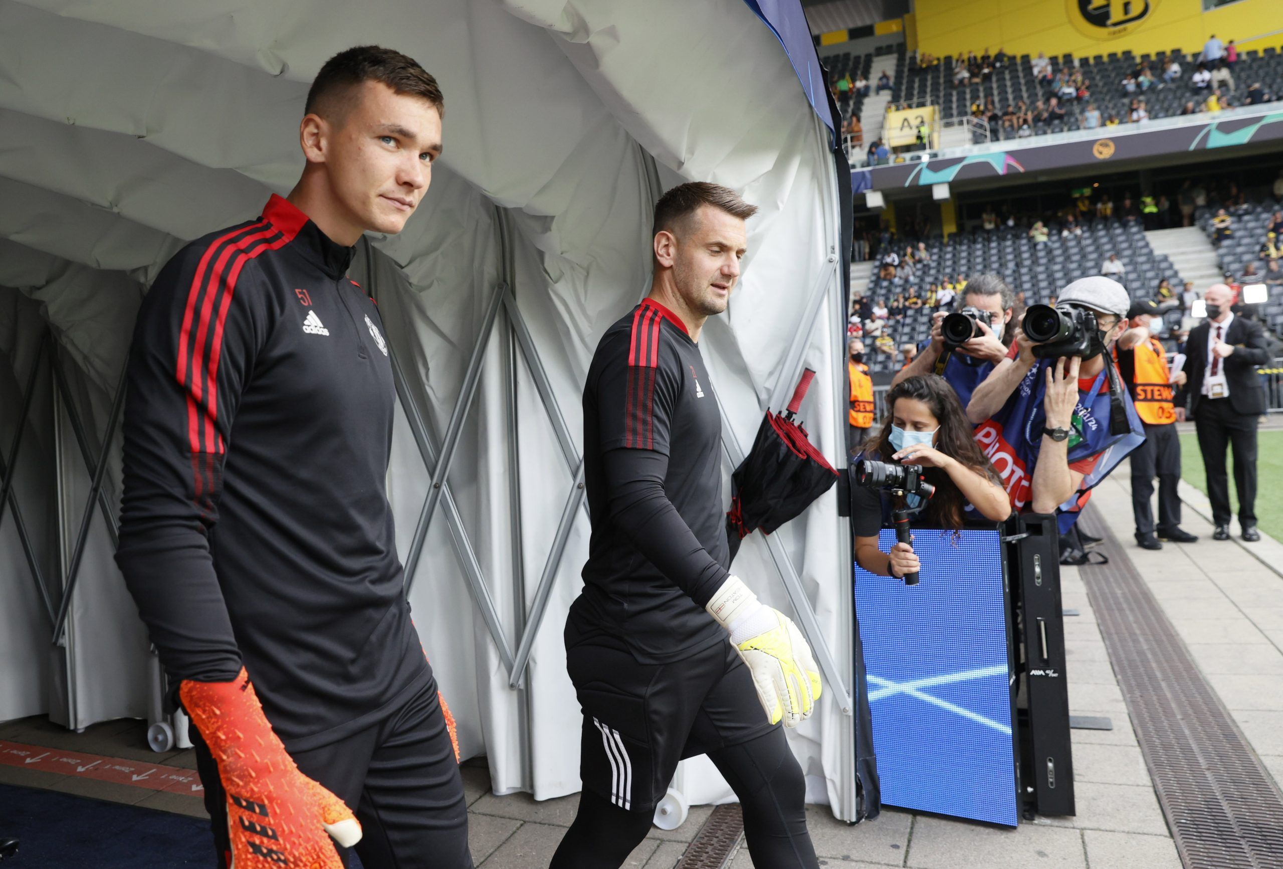 Soccer Football - Champions League - Group F - Young Boys v Manchester United - Stadion Wankdorf, Bern, Switzerland- September 14, 2021 Manchester United's Matej Kovar and Tom Heaton before the match REUTERS/Denis Balibouse