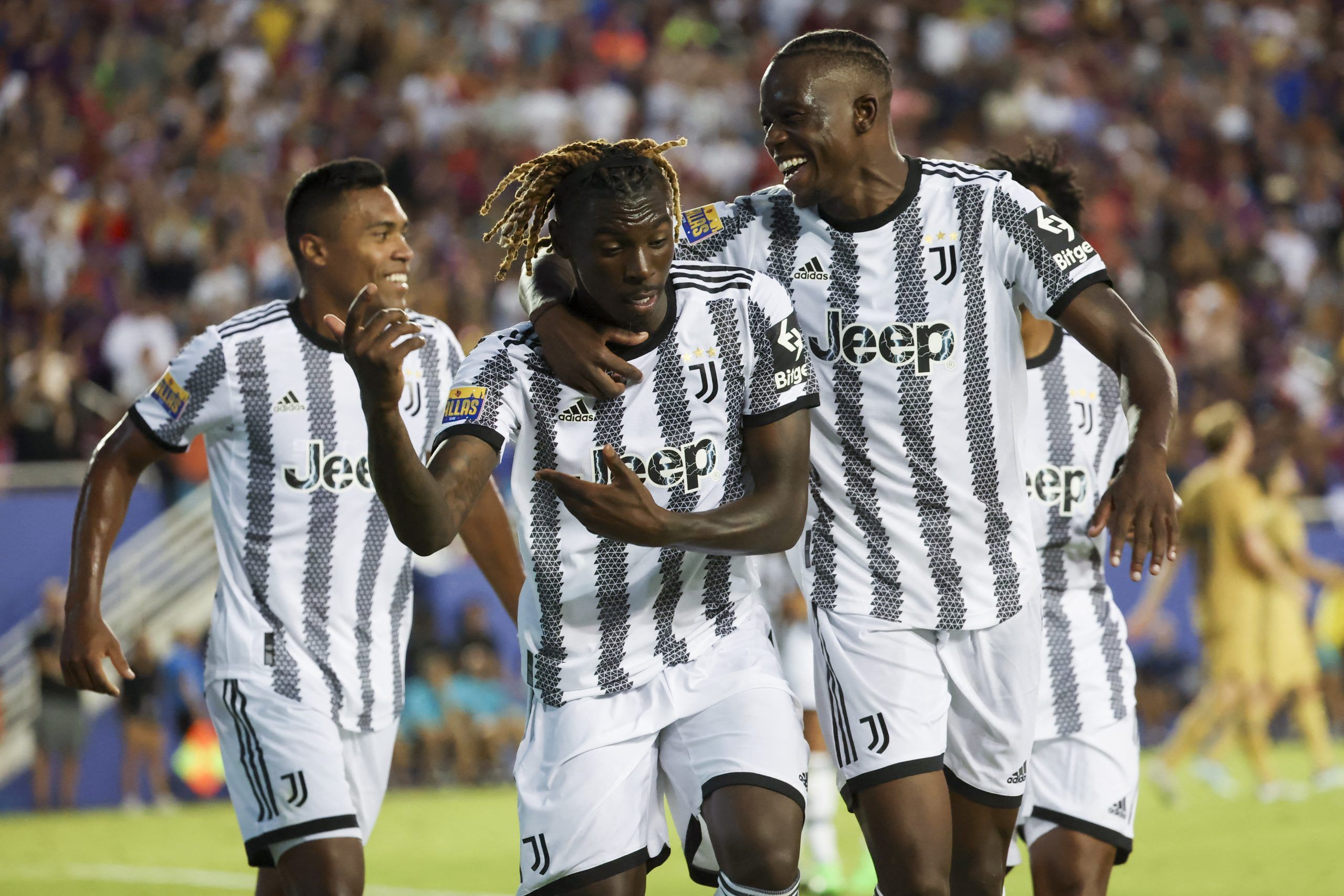 Jul 26, 2022; Dallas, Texas, USA;  Juventus forward Moise Kean (18) celebrates with teammates after scoring a goal during the second half against FC Barcelona at the Cotton Bowl. Mandatory Credit: Kevin Jairaj-USA TODAY Sports