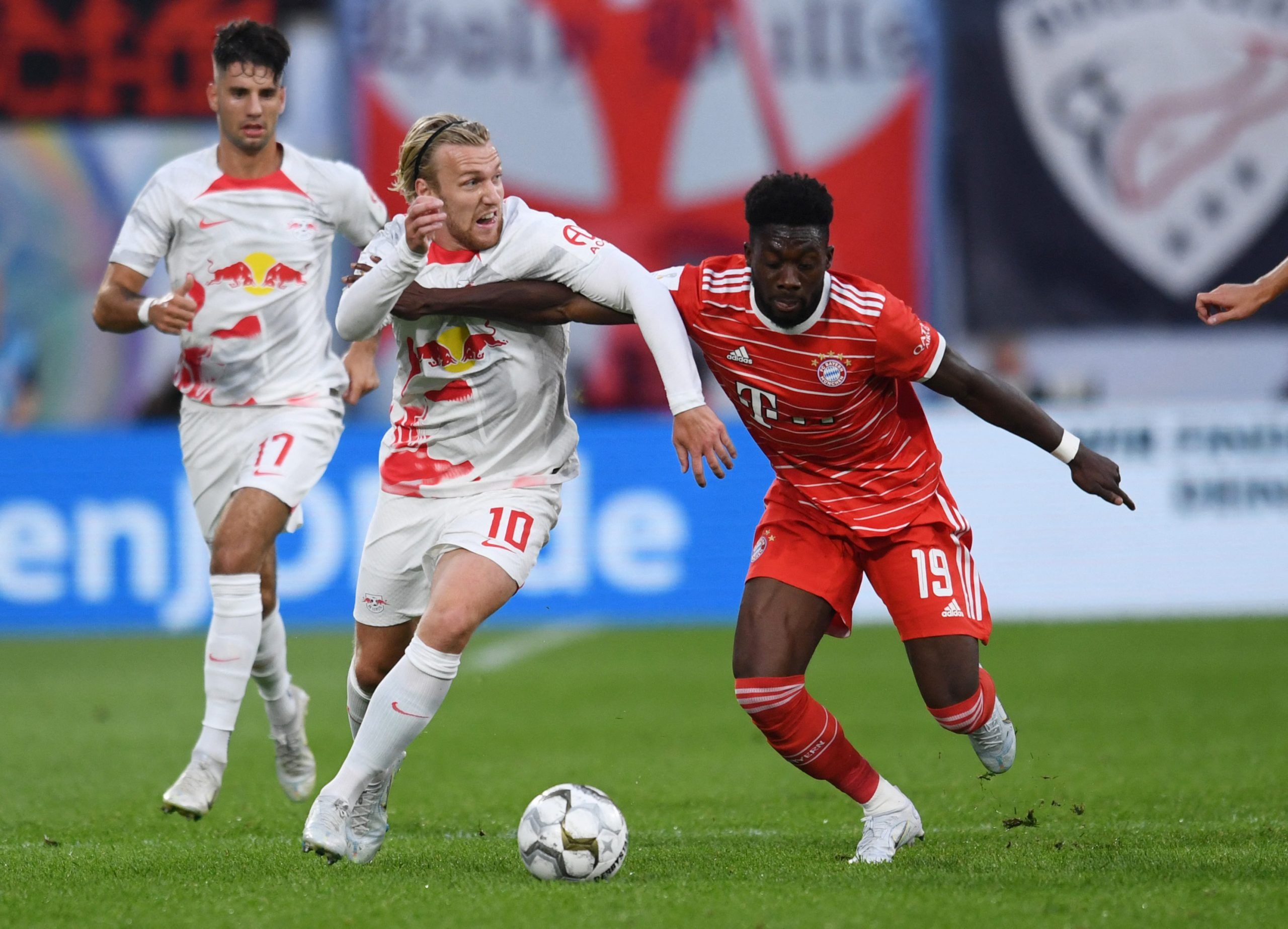 RB Leipzig's Emil Forsberg in action with Bayern Munich's Alphonso Davies
